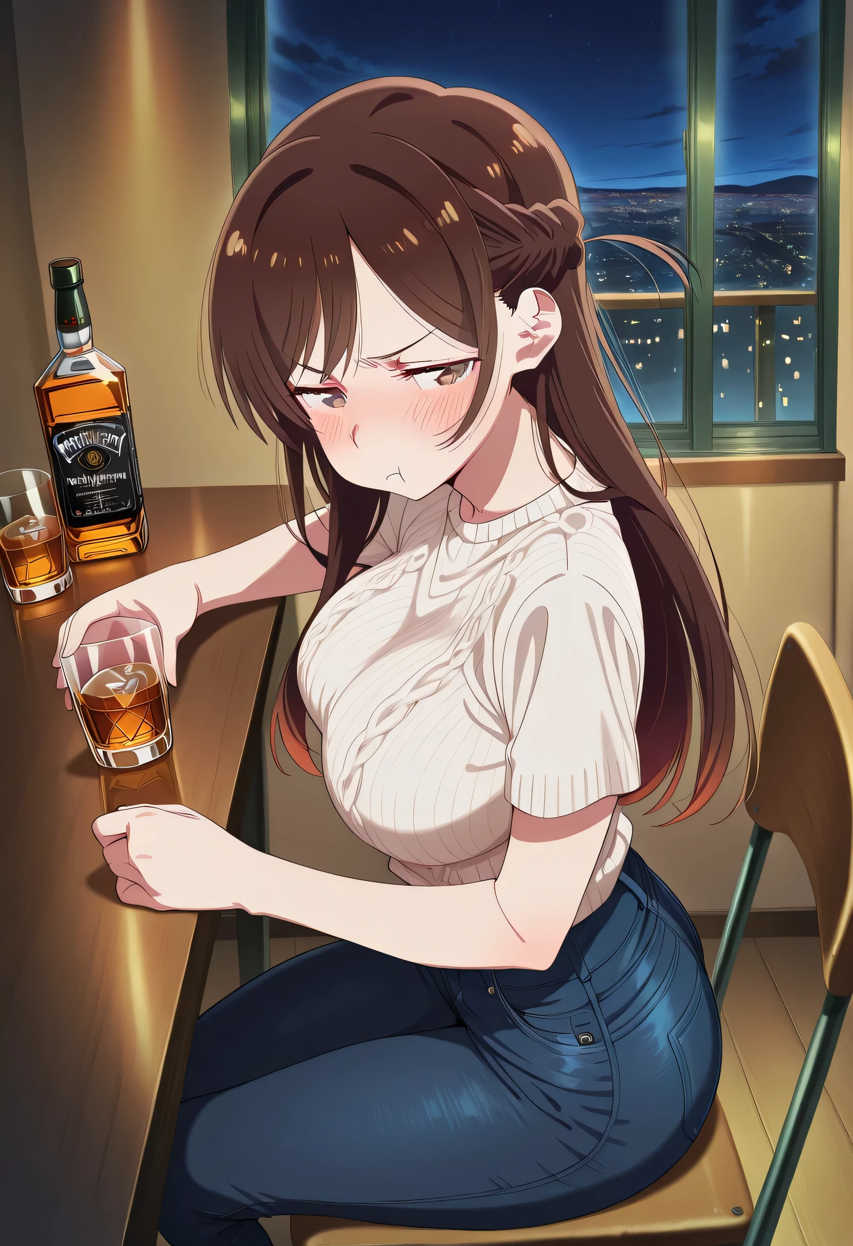 score_9 , score_8_up , score_7_source_anime detailed eyes,anime eyes,high detail eyes,multicolored iris,detailed iris,anime style, 4k masterpiece, best quality, girl, beautiful face, clean skin, shiny hair, shiny skin, beautiful face, perfect eyes, 4k high quality eyes, high quality brightness, best quality, 4k very aesthetic, absurd, perfect body quality, beautiful curves, perfect, perfect genitals, beautiful ambient light, beautiful aesthetics, very realistic scenery, 4k high quality, masterpiece, best quality, absurd, latest, high resolution, official art, best quality, absurd, latest, high resolution, official art, screenshot, anime screenshot, anime coloring, amazing quality 4k, 1girl, Chizuru,brown_eyes, brown_hair, long_hair, huge_breasts, <lora:drunk-pouting-illustriousxl-lora-nochekaiser:1>, drunk pouting, solo, looking at viewer, blush, shirt, holding, closed mouth, jewelry, sitting, white shirt, short sleeves, sky, pants, indoors, from side, sweater, cup, window, night, chair, table, bottle, denim, holding cup, night sky, drinking glass, alcohol, jeans, blue pants, :t, pout, whiskey, half-closed eyes,