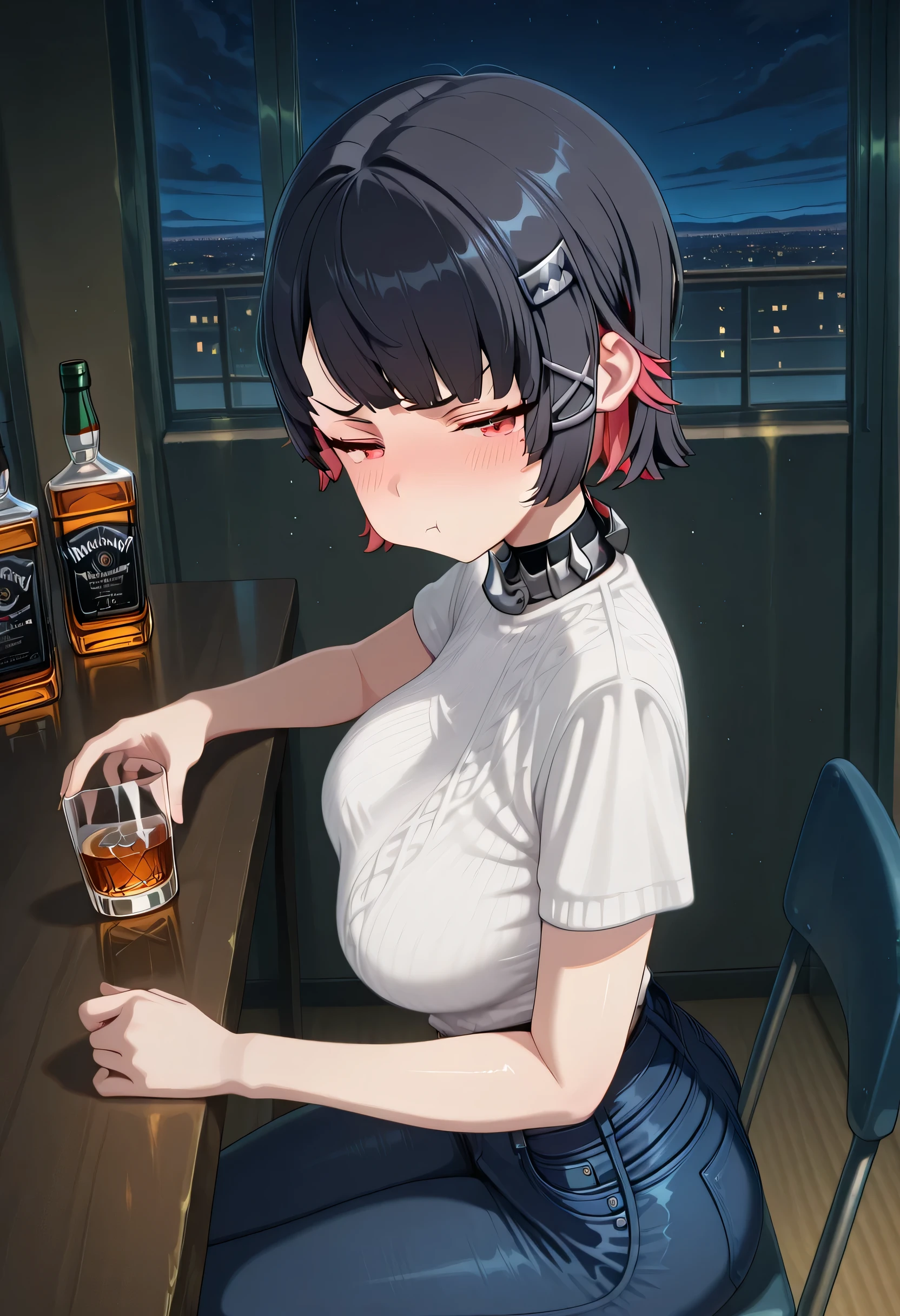score_9 , score_8_up , score_7_source_anime detailed eyes,anime eyes,high detail eyes,multicolored iris,detailed iris,anime style, 4k masterpiece, best quality, girl, beautiful face, clean skin, shiny hair, shiny skin, beautiful face, perfect eyes, 4k high quality eyes, high quality brightness, best quality, 4k very aesthetic, absurd, perfect body quality, beautiful curves, perfect, perfect genitals, beautiful ambient light, beautiful aesthetics, very realistic scenery, 4k high quality, masterpiece, best quality, absurd, latest, high resolution, official art, best quality, absurd, latest, high resolution, official art, screenshot, anime screenshot, anime coloring, amazing quality 4k, 1girl, 3d ellen joe, black hair, colored inner hair, multicolored hair, red eyes, red hair, short hair, two-tone hair, mature female, large breasts, 3d, <lora:drunk-pouting-illustriousxl-lora-nochekaiser:1>, drunk pouting, solo, looking at viewer, blush, shirt, holding, closed mouth, jewelry, sitting, white shirt, short sleeves, sky, pants, indoors, from side, sweater, cup, window, night, chair, table, bottle, denim, holding cup, night sky, drinking glass, alcohol, jeans, blue pants, :t, pout, whiskey, half-closed eyes,