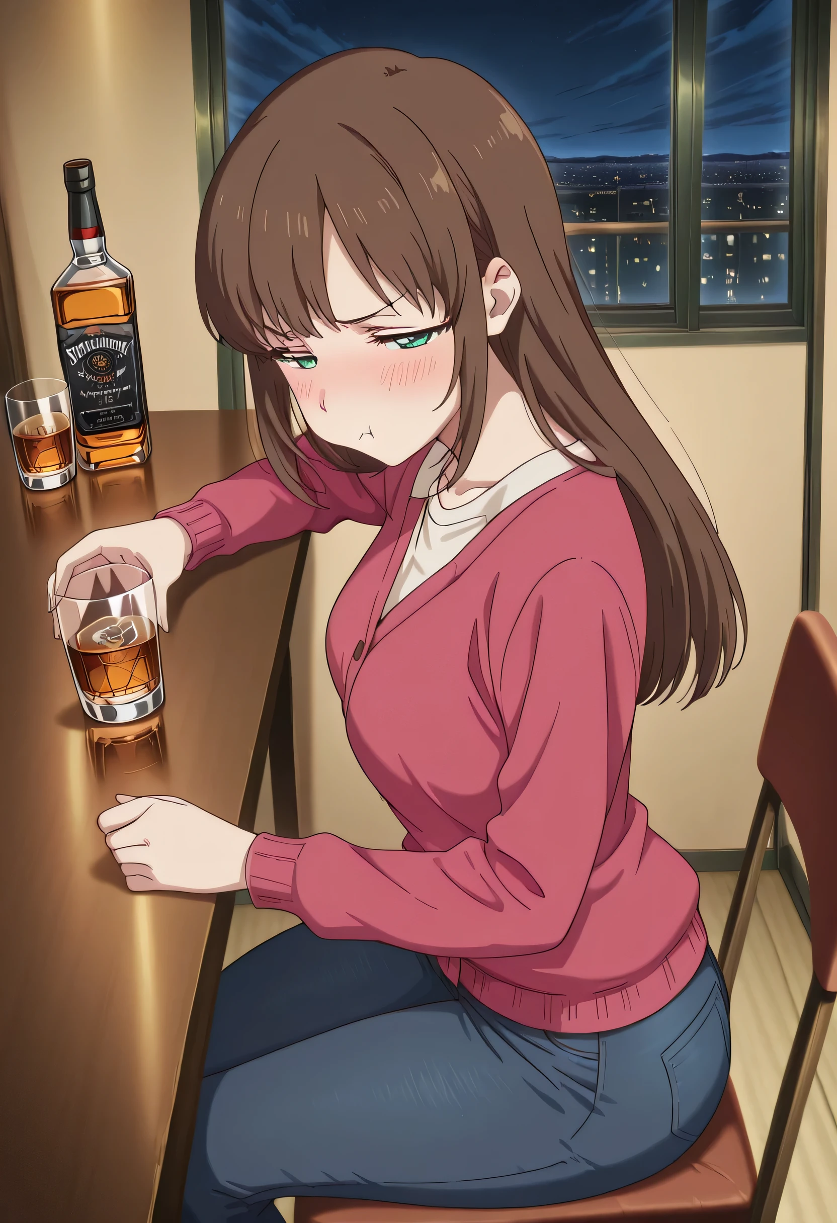 score_9 , score_8_up , score_7_source_anime detailed eyes,anime eyes,high detail eyes,multicolored iris,detailed iris,anime style, 4k masterpiece, best quality, girl, beautiful face, clean skin, shiny hair, shiny skin, beautiful face, perfect eyes, 4k high quality eyes, high quality brightness, best quality, 4k very aesthetic, absurd, perfect body quality, beautiful curves, perfect, perfect genitals, beautiful ambient light, beautiful aesthetics, very realistic scenery, 4k high quality, masterpiece, best quality, absurd, latest, high resolution, official art, best quality, absurd, latest, high resolution, official art, screenshot, anime screenshot, anime coloring, amazing quality 4k, 1girl, tachibana hina, long hair, brown hair, sidelocks, choppy bangs, green eyes, long sleeves, pink cardigan, white shirt, collared shirt, untucked shirt, brown shirt, medium shirt, white footwear, flats, <lora:drunk-pouting-illustriousxl-lora-nochekaiser:1>, drunk pouting, solo, looking at viewer, blush, shirt, holding, closed mouth, jewelry, sitting, white shirt, short sleeves, sky, pants, indoors, from side, sweater, cup, window, night, chair, table, bottle, denim, holding cup, night sky, drinking glass, alcohol, jeans, blue pants, :t, pout, whiskey, half-closed eyes,