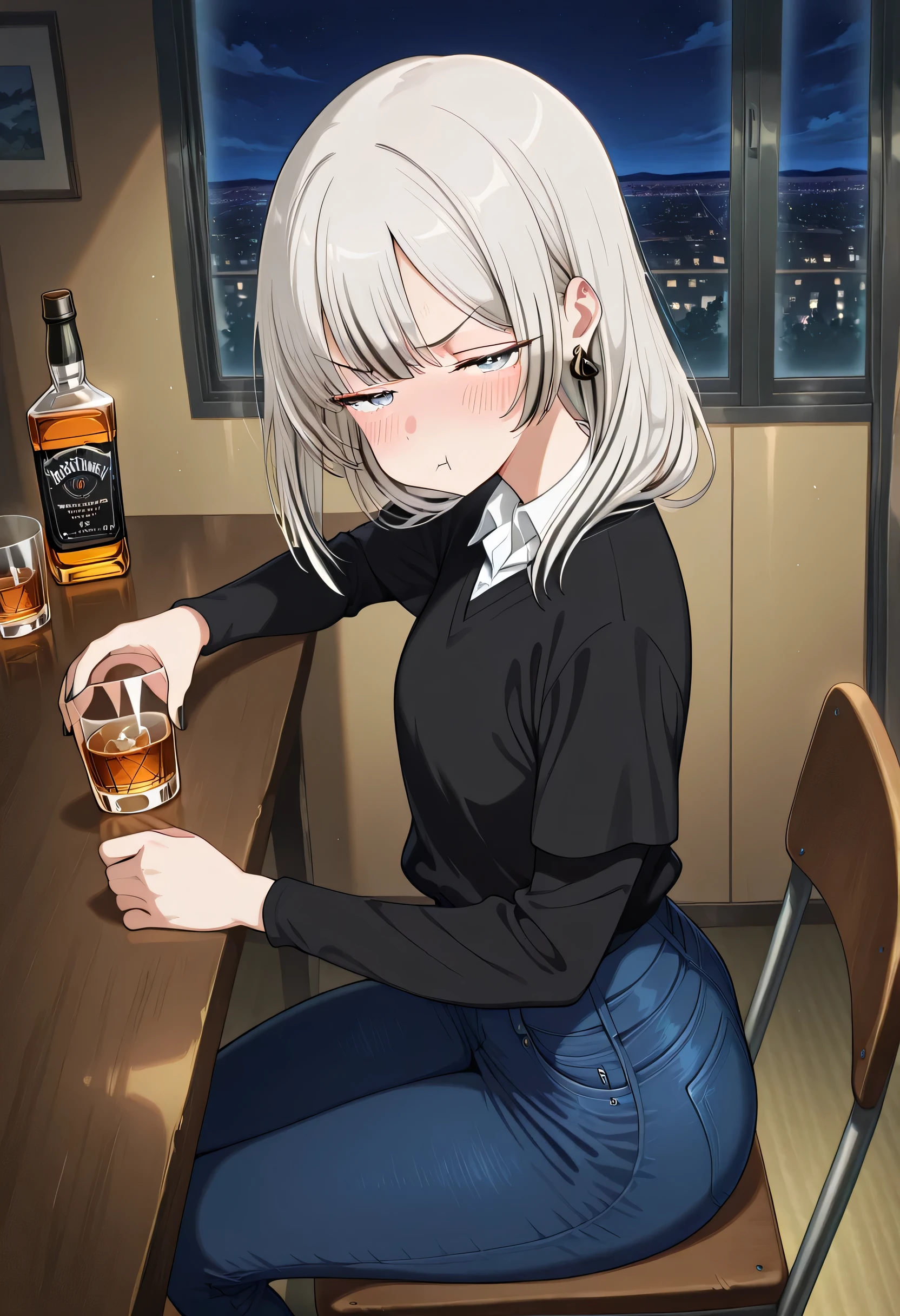 score_9 , score_8_up , score_7_source_anime detailed eyes,anime eyes,high detail eyes,multicolored iris,detailed iris,anime style, 4k masterpiece, best quality, girl, beautiful face, clean skin, shiny hair, shiny skin, beautiful face, perfect eyes, 4k high quality eyes, high quality brightness, best quality, 4k very aesthetic, absurd, perfect body quality, beautiful curves, perfect, perfect genitals, beautiful ambient light, beautiful aesthetics, very realistic scenery, 4k high quality, masterpiece, best quality, absurd, latest, high resolution, official art, best quality, absurd, latest, high resolution, official art, screenshot, anime screenshot, anime coloring, amazing quality 4k, 1girl, grey eyes, grey hair, black hair, streaked hair, multicolored hair, long hair, blunt bants, black nails, earrings, white shirt, wing collar, collared shirt, black sweater, long sleeves, blue skirt, pleated skirt, plaid skirt, <lora:drunk-pouting-illustriousxl-lora-nochekaiser:1>, drunk pouting, solo, looking at viewer, blush, shirt, holding, closed mouth, jewelry, sitting, white shirt, short sleeves, sky, pants, indoors, from side, sweater, cup, window, night, chair, table, bottle, denim, holding cup, night sky, drinking glass, alcohol, jeans, blue pants, :t, pout, whiskey, half-closed eyes,