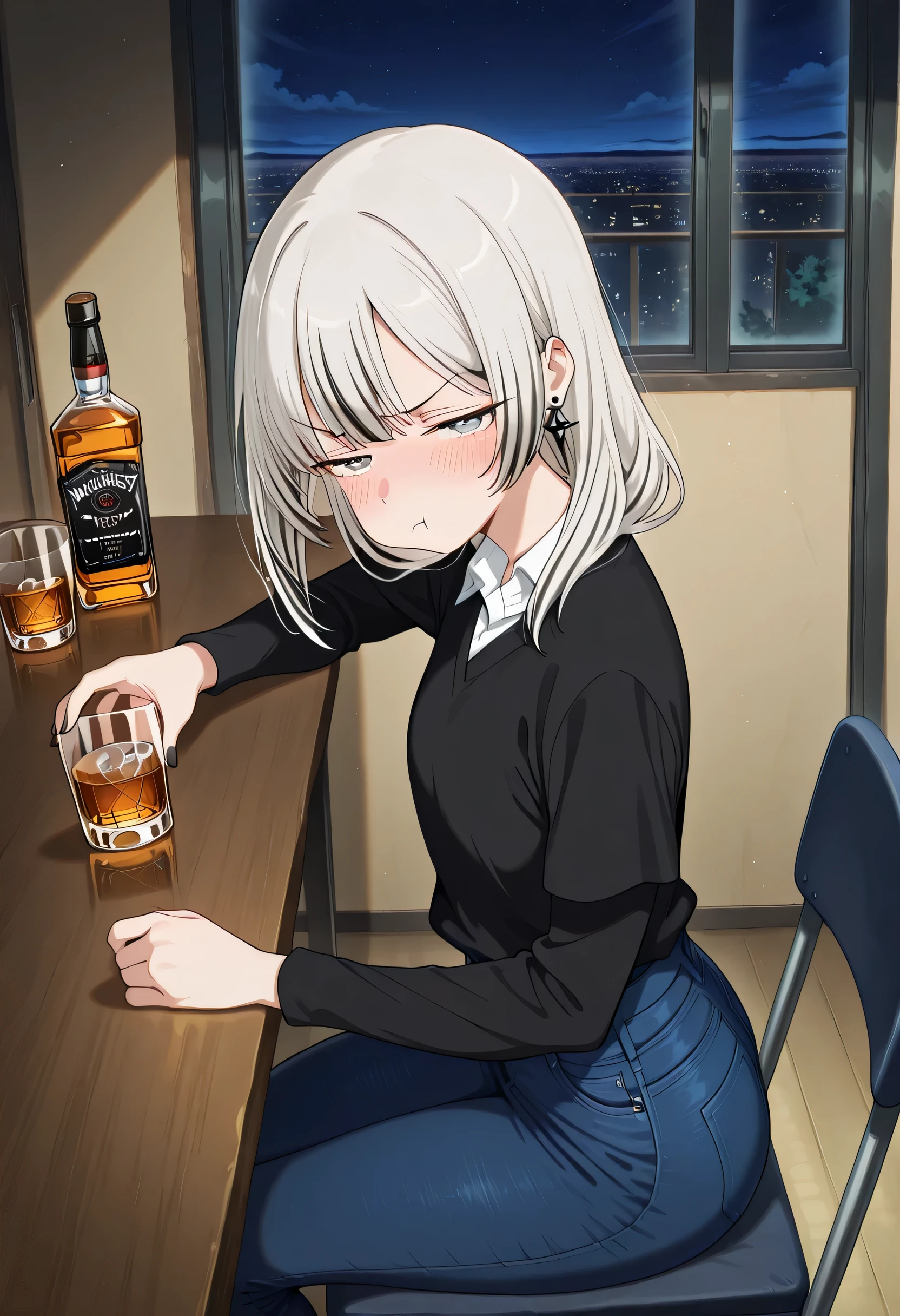 score_9 , score_8_up , score_7_source_anime detailed eyes,anime eyes,high detail eyes,multicolored iris,detailed iris,anime style, 4k masterpiece, best quality, girl, beautiful face, clean skin, shiny hair, shiny skin, beautiful face, perfect eyes, 4k high quality eyes, high quality brightness, best quality, 4k very aesthetic, absurd, perfect body quality, beautiful curves, perfect, perfect genitals, beautiful ambient light, beautiful aesthetics, very realistic scenery, 4k high quality, masterpiece, best quality, absurd, latest, high resolution, official art, best quality, absurd, latest, high resolution, official art, screenshot, anime screenshot, anime coloring, amazing quality 4k, 1girl, grey eyes, grey hair, black hair, streaked hair, multicolored hair, long hair, blunt bants, black nails, earrings, white shirt, wing collar, collared shirt, black sweater, long sleeves, blue skirt, pleated skirt, plaid skirt, <lora:drunk-pouting-illustriousxl-lora-nochekaiser:1>, drunk pouting, solo, looking at viewer, blush, shirt, holding, closed mouth, jewelry, sitting, white shirt, short sleeves, sky, pants, indoors, from side, sweater, cup, window, night, chair, table, bottle, denim, holding cup, night sky, drinking glass, alcohol, jeans, blue pants, :t, pout, whiskey, half-closed eyes,