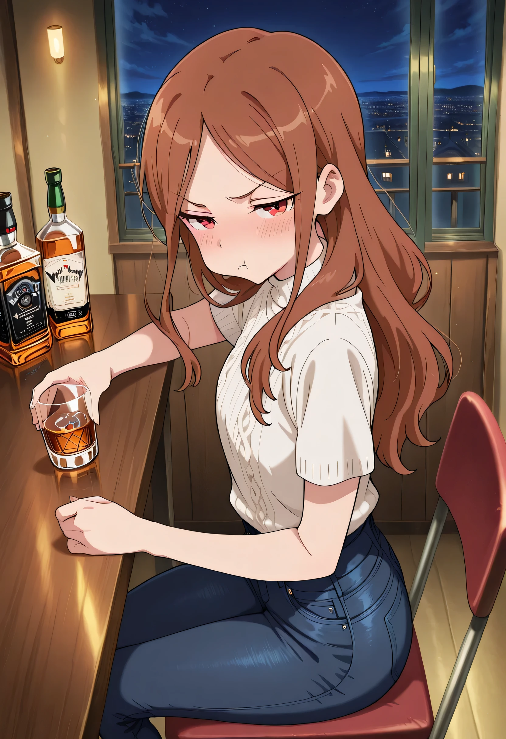 score_9 , score_8_up , score_7_source_anime detailed eyes,anime eyes,high detail eyes,multicolored iris,detailed iris,anime style, 4k masterpiece, best quality, girl, beautiful face, clean skin, shiny hair, shiny skin, beautiful face, perfect eyes, 4k high quality eyes, high quality brightness, best quality, 4k very aesthetic, absurd, perfect body quality, beautiful curves, perfect, perfect genitals, beautiful ambient light, beautiful aesthetics, very realistic scenery, 4k high quality, masterpiece, best quality, absurd, latest, high resolution, official art, best quality, absurd, latest, high resolution, official art, screenshot, anime screenshot, anime coloring, amazing quality 4k, 1girl, natsumi1,masterpiece, ultra detailed, long hair, standing, red eyes, brown hair, <lora:drunk-pouting-illustriousxl-lora-nochekaiser:1>, drunk pouting, solo, looking at viewer, blush, shirt, holding, closed mouth, jewelry, sitting, white shirt, short sleeves, sky, pants, indoors, from side, sweater, cup, window, night, chair, table, bottle, denim, holding cup, night sky, drinking glass, alcohol, jeans, blue pants, :t, pout, whiskey, half-closed eyes,