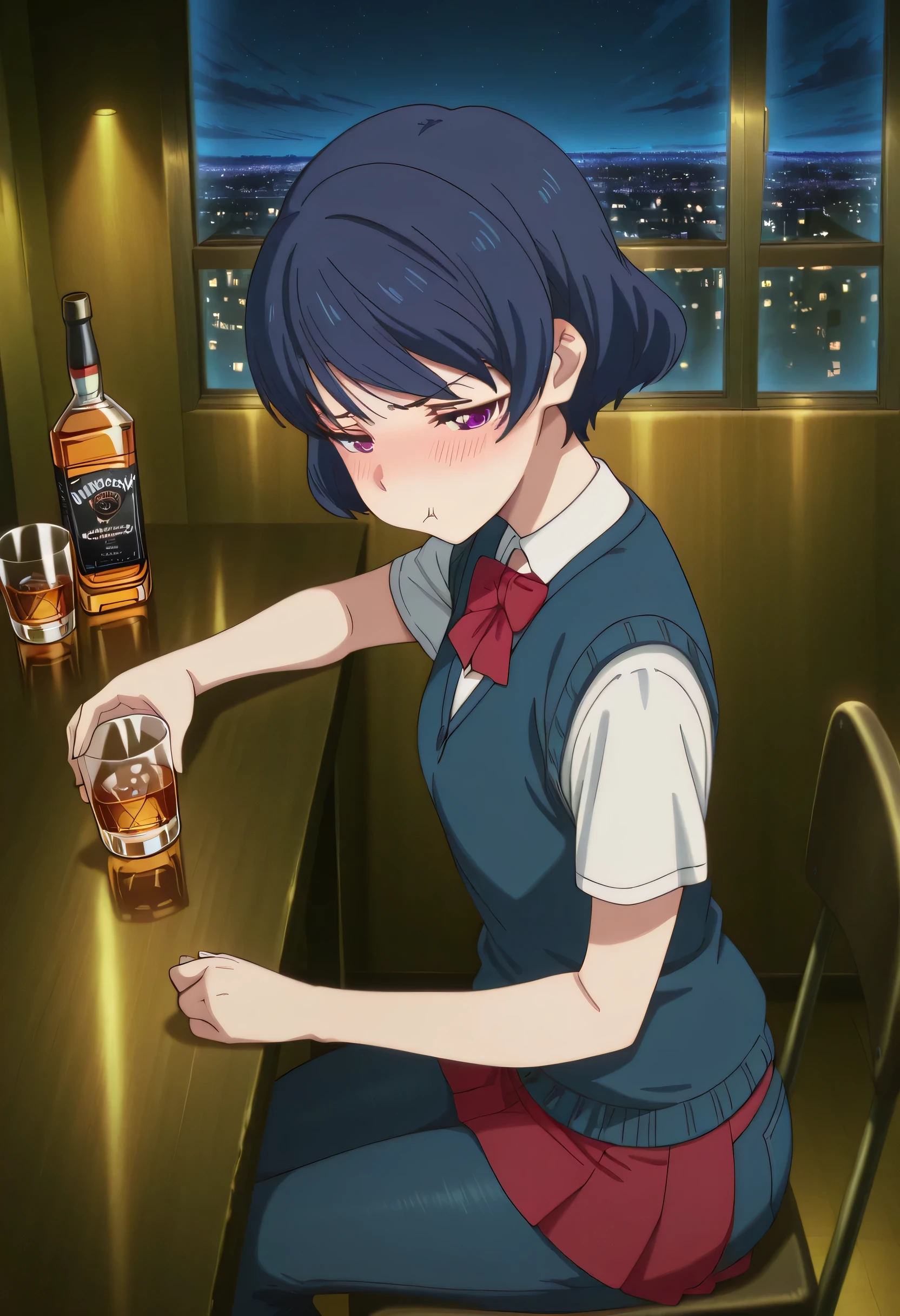 score_9 , score_8_up , score_7_source_anime detailed eyes,anime eyes,high detail eyes,multicolored iris,detailed iris,anime style, 4k masterpiece, best quality, girl, beautiful face, clean skin, shiny hair, shiny skin, beautiful face, perfect eyes, 4k high quality eyes, high quality brightness, best quality, 4k very aesthetic, absurd, perfect body quality, beautiful curves, perfect, perfect genitals, beautiful ambient light, beautiful aesthetics, very realistic scenery, 4k high quality, masterpiece, best quality, absurd, latest, high resolution, official art, best quality, absurd, latest, high resolution, official art, screenshot, anime screenshot, anime coloring, amazing quality 4k, 1girl tachibana rui, short hair, blue hair, choppy bangs, purple eyes, long sleeves, white shirt, collared shirt, red bowtie, blue vest, cardigan vest, untucked shirt, red skirt, pleated skirt, black socks, kneehighs, black footwear, loafers, <lora:drunk-pouting-illustriousxl-lora-nochekaiser:1>, drunk pouting, solo, looking at viewer, blush, shirt, holding, closed mouth, jewelry, sitting, white shirt, short sleeves, sky, pants, indoors, from side, sweater, cup, window, night, chair, table, bottle, denim, holding cup, night sky, drinking glass, alcohol, jeans, blue pants, :t, pout, whiskey, half-closed eyes,