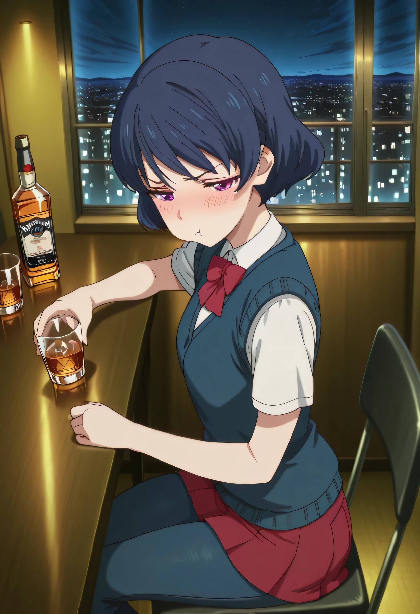score_9 , score_8_up , score_7_source_anime detailed eyes,anime eyes,high detail eyes,multicolored iris,detailed iris,anime style, 4k masterpiece, best quality, girl, beautiful face, clean skin, shiny hair, shiny skin, beautiful face, perfect eyes, 4k high quality eyes, high quality brightness, best quality, 4k very aesthetic, absurd, perfect body quality, beautiful curves, perfect, perfect genitals, beautiful ambient light, beautiful aesthetics, very realistic scenery, 4k high quality, masterpiece, best quality, absurd, latest, high resolution, official art, best quality, absurd, latest, high resolution, official art, screenshot, anime screenshot, anime coloring, amazing quality 4k, 1girl tachibana rui, short hair, blue hair, choppy bangs, purple eyes, long sleeves, white shirt, collared shirt, red bowtie, blue vest, cardigan vest, untucked shirt, red skirt, pleated skirt, black socks, kneehighs, black footwear, loafers, <lora:drunk-pouting-illustriousxl-lora-nochekaiser:1>, drunk pouting, solo, looking at viewer, blush, shirt, holding, closed mouth, jewelry, sitting, white shirt, short sleeves, sky, pants, indoors, from side, sweater, cup, window, night, chair, table, bottle, denim, holding cup, night sky, drinking glass, alcohol, jeans, blue pants, :t, pout, whiskey, half-closed eyes,