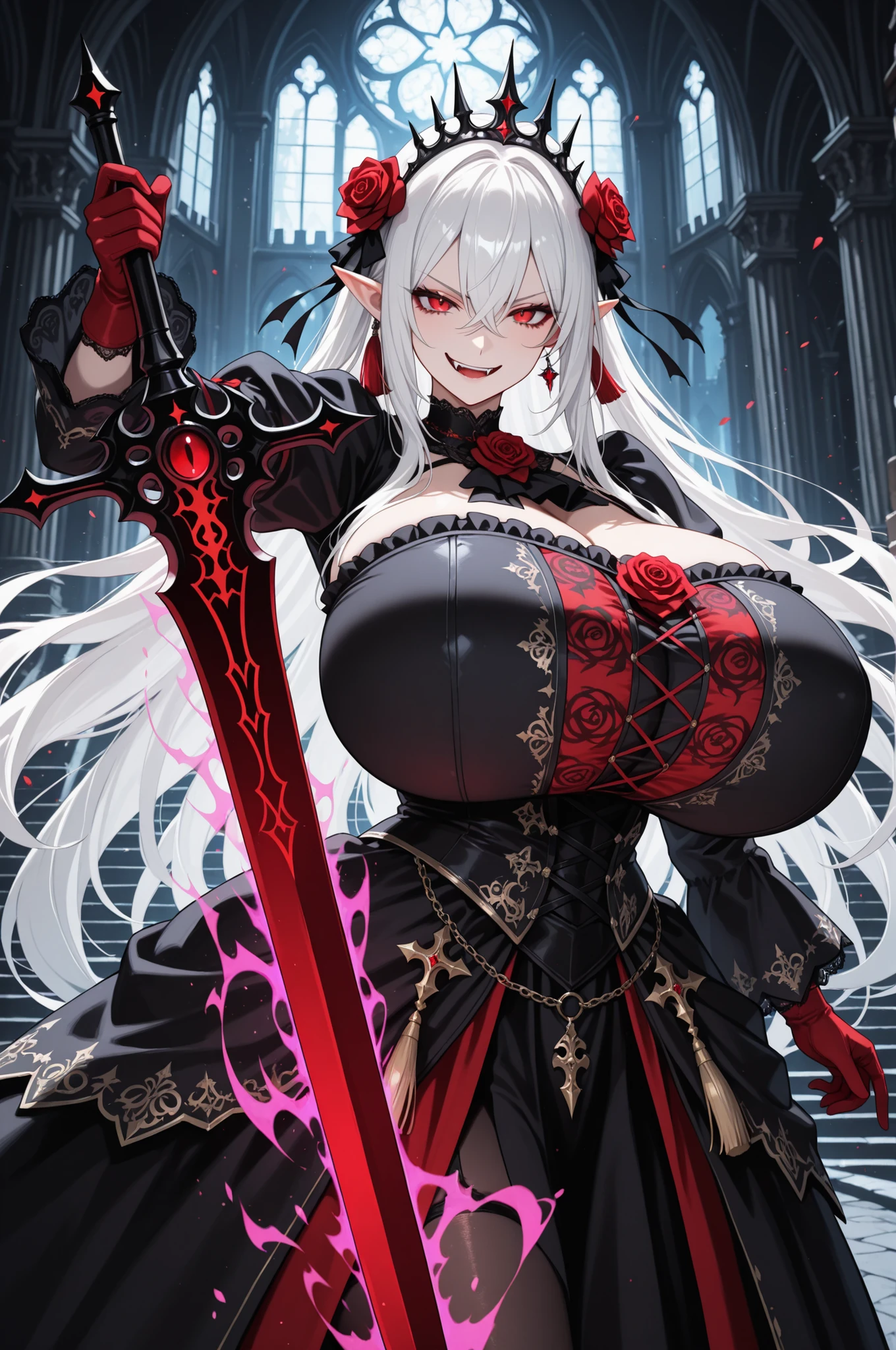 masterpiece,best quality,amazing quality,very aesthetic,absurdres,newest,1girl,bangs,vampire fangs,pointed ears,roses,hair between eyes,hair rose,hair ornament,(holding a sword), gigantic breasts,gothic medieval dress,long white hair,long sleeves,looking at viewer, red eyes, red gloves,solo,tassel,vampire,royal crown,dynamic pose, smirk,roses,((dark magic sword)),(((magic aura))), Gothic theme, gothic castle
