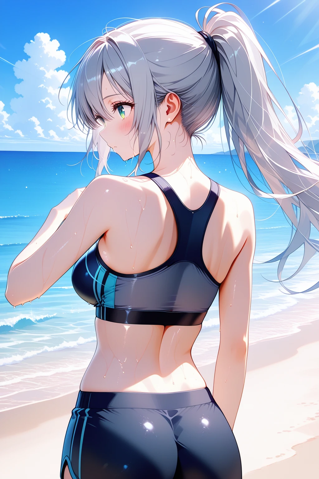 realistic, 1girl, ponytail, parted lips, blush, makeup, light smile, white hair, sportswear, hot pants, wet clothes, glow, thighs, purple eye, bare shoulders, collarbone, narrow waist, sunbeam, sunlight, rose, wind, cleavage, (masterpiece), sweat, look at the camera, ((back)), ass