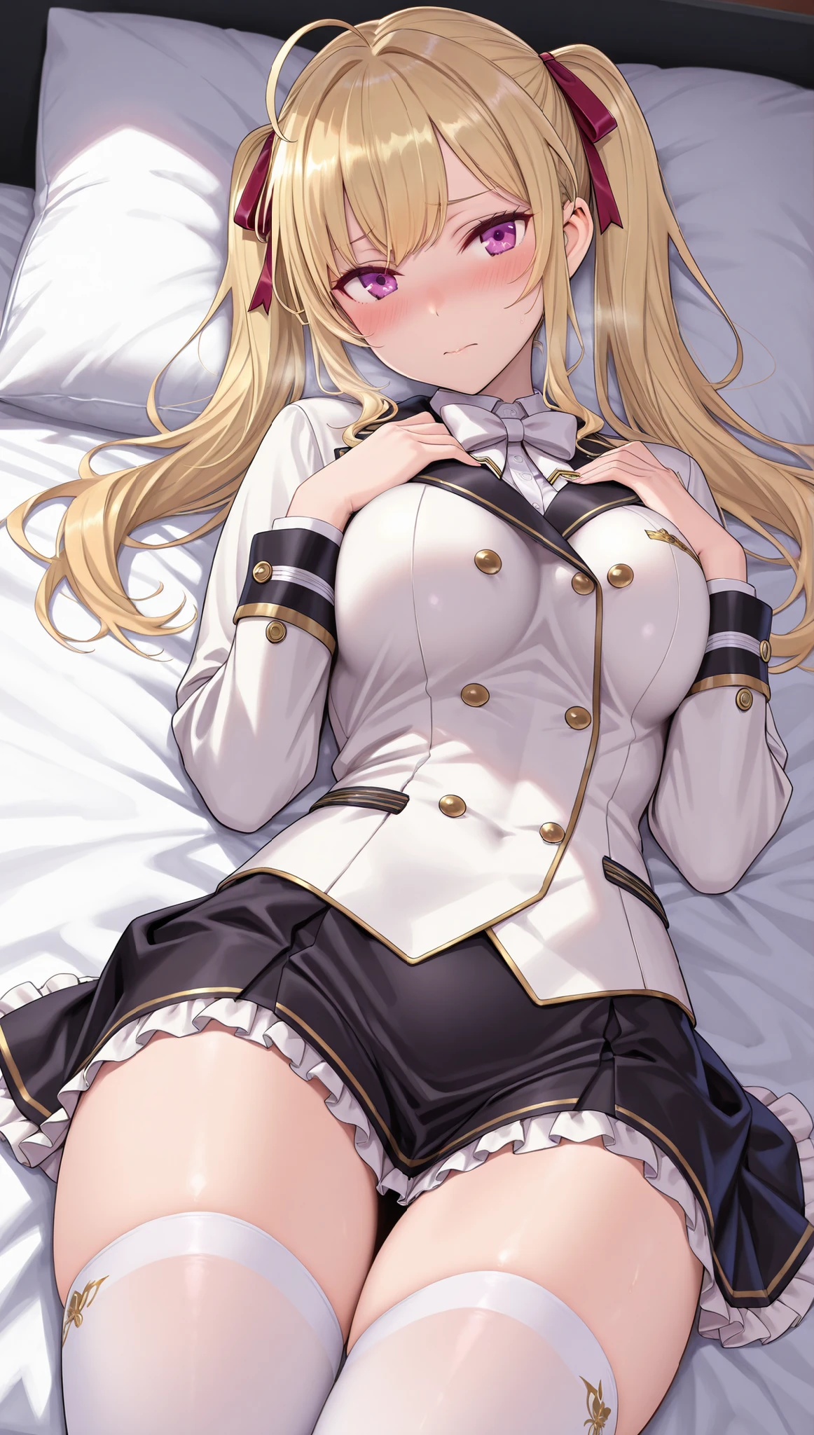 solo,masterpiece,best quality,super fine illustration、finely detail 、clear picture、UHD、HDR, amazing quality, highres, absurdres, very aesthetic, high resolution, ultra detailed, perfect details,(masterpiece, detailed:1.2)、nijirion,medium breasts,purple eyes,blonde hair,twintails,ahoge,hair ribbon,nijirioncos,white shirt,white bowtie,white jacket,black lapels,button,black skirt,frilled skirt,miniskirt,white thighhigh,lie on own back,embarrassed、breasts squeezed together thick thighs,mature female