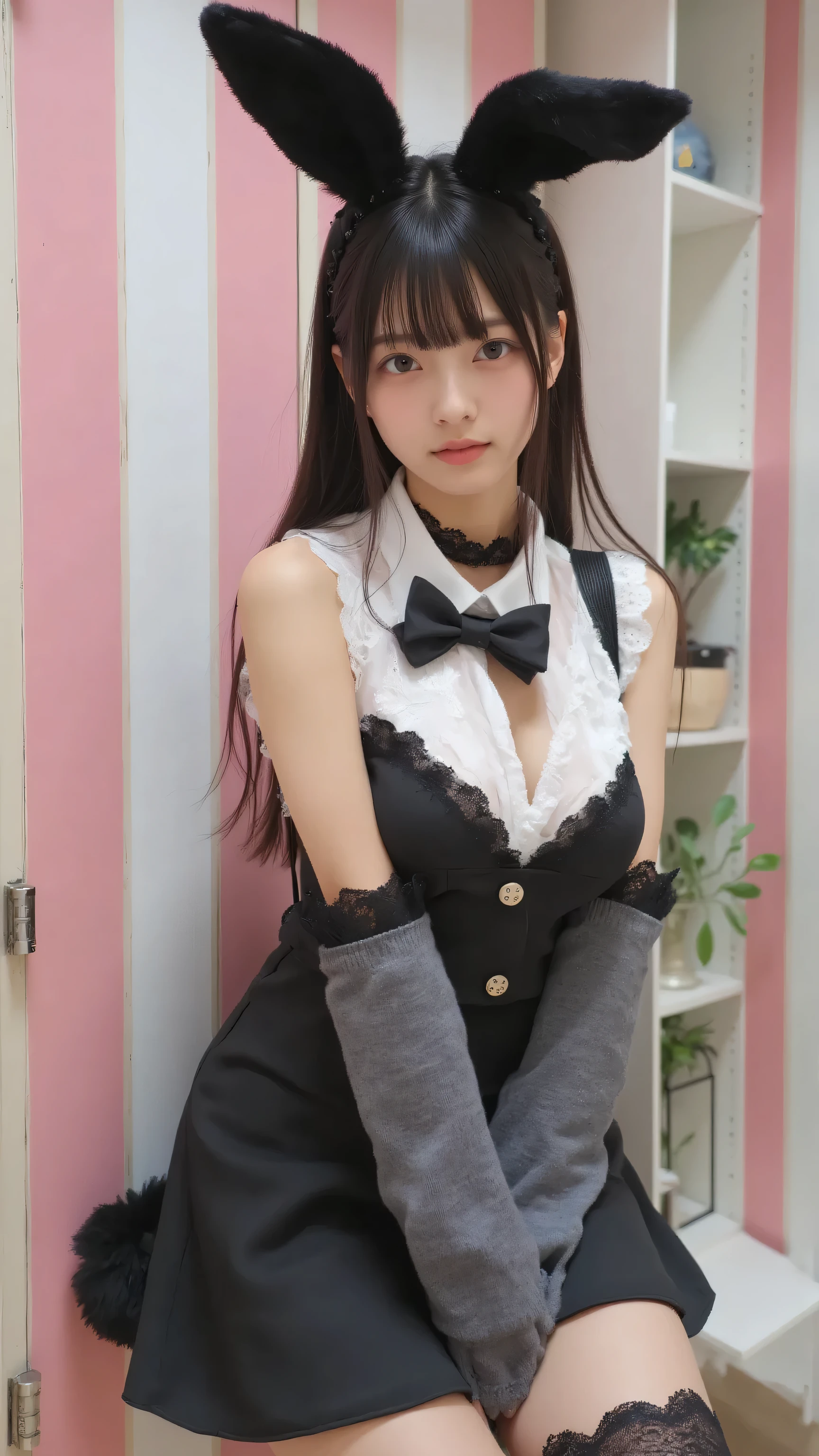 jp,jp1,,jpp,,Slip areola,jp,jp,(傑作, 最高品質:1.2), 1girl, ソロ,A young woman with long dark hair and bangs, wearing a black and white bunny costume with a bow tie and buttons, paired with lace stockings. She has black bunny ears on her head. The setting is a room with pink and white vertical stripes, soft indoor lighting, and a shelf in the background.