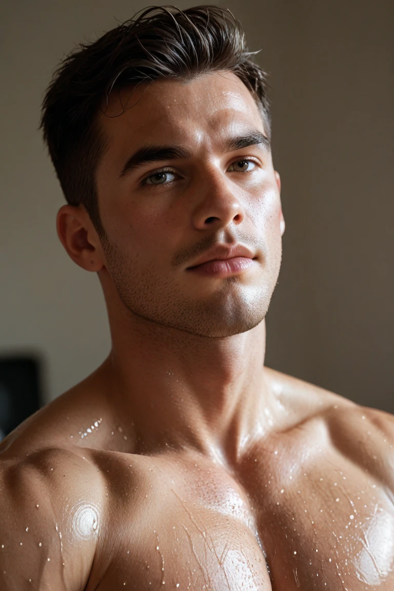 a man, sitting in the apartment, wearing white swimming trunks, smile, light photography, handsome man, extremely detailed face, smile, detailed eyes, detailed lips, cinematic composition, light color palette, high contrast, photorealistic, (best quality,4k,8k,highres,masterpiece:1.2),ultra-detailed,(realistic,photorealistic,photo-realistic:1.37)