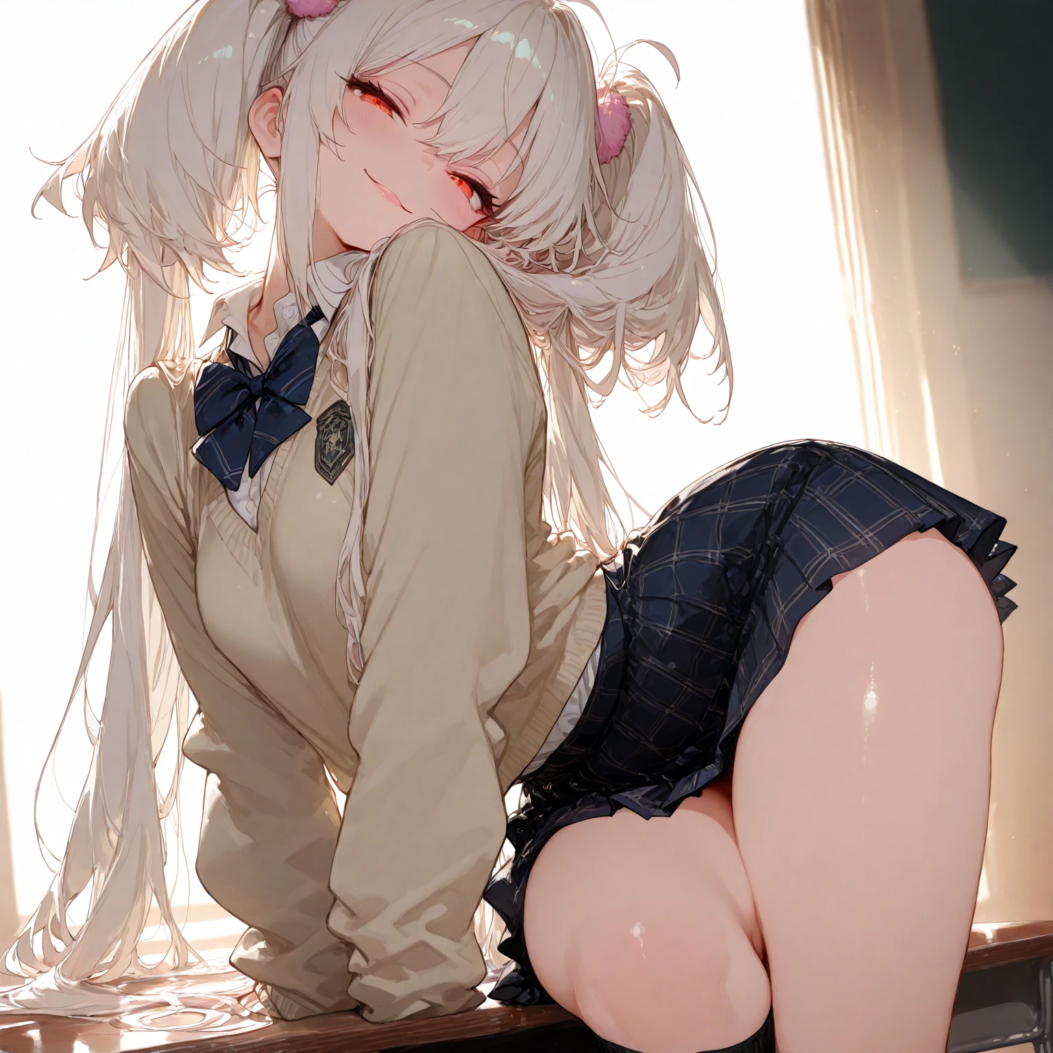 Tabletop, Highest quality, 1 girl, alone,, ,Small breasts,NSFW,,,(Sit on a chair)(Spread your legs wide)(Being looked down upon)((You can see the streaks of the))(skirt)(Unaware)(defenseless)(I can see your underwear)(Expressionless))))(15 years old)