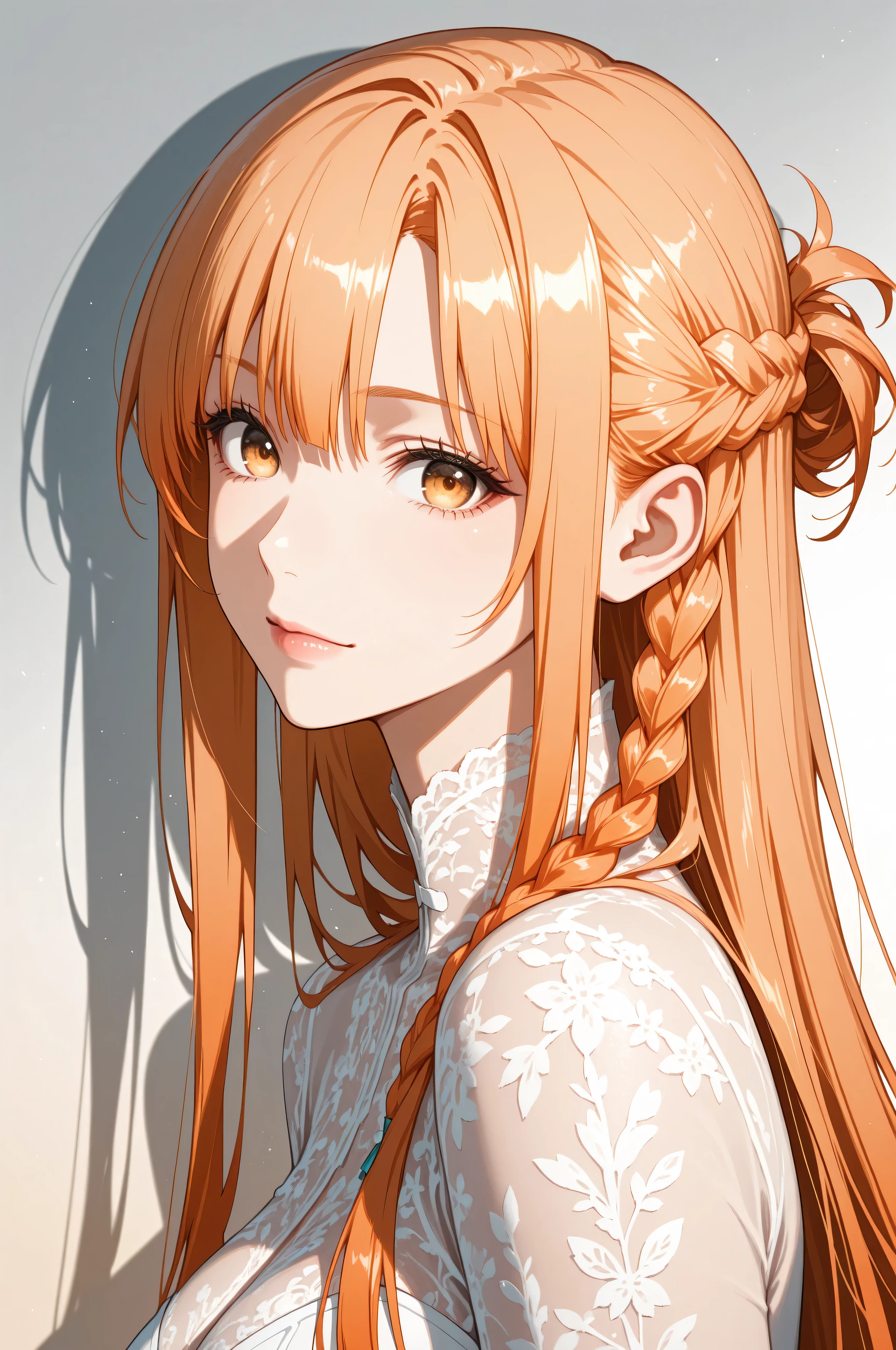 1girl, Yuuki Asuna, long hair, orange blond hair, ((hazel eyes)), straight bangs, side braid half updo, solo, soft curves, real light and shadow, beautiful detailed face, intricate details, masterpiece, best quality, color_gradient background,