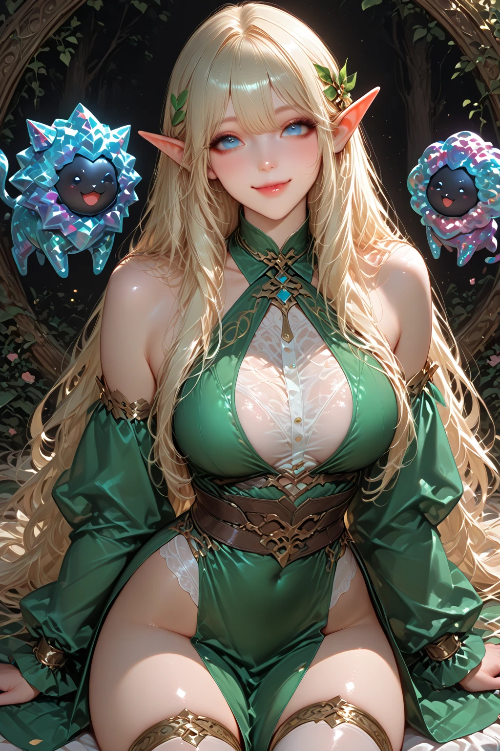 masterpiece, highest quality, Intricate details, Gorgeous blonde elven woman, (mint eye), Celestine Lucullus, Perfect Anatomy, Perfect Face:1.1), ((Huge breasts!!!!!!)),(Huge breasts!!!!), White one-piece uniform, Sharp focus, ((alone:1.4), (Full Body Shot), View Viewer, Ultra-high resolution, (One girl:1.4), Highly detailed illustration, Smooth, Extremely pixel perfect, Detailed Background, art:Wlop と Ross Tran, forest, Fascinating,Venus Body