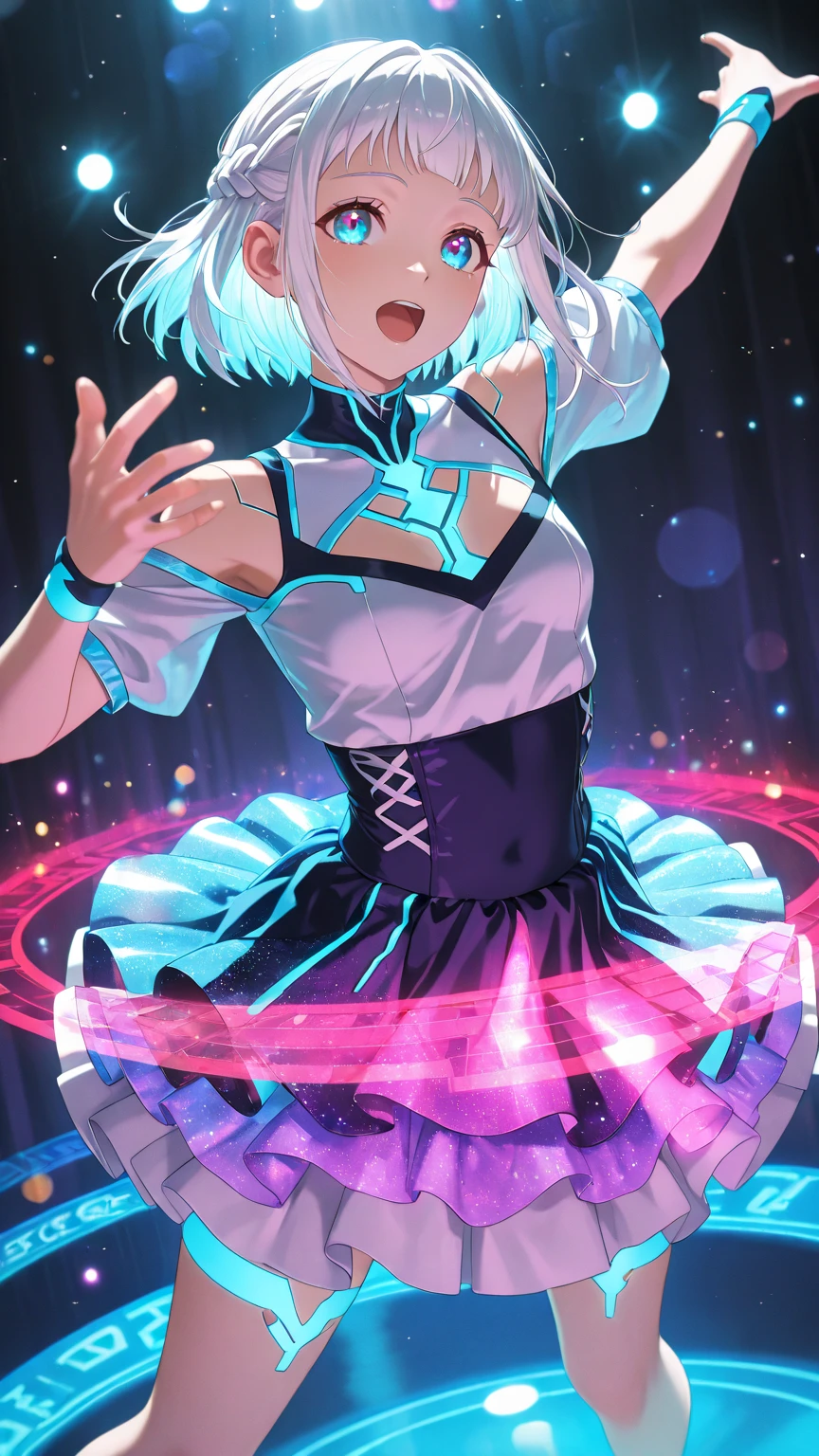 (((Rainbow-colored)))leotard、Beautiful Girl Magician、silver hair upstyle、((whole body))、(((photo taken from below)))、magic circle、the background is darkness