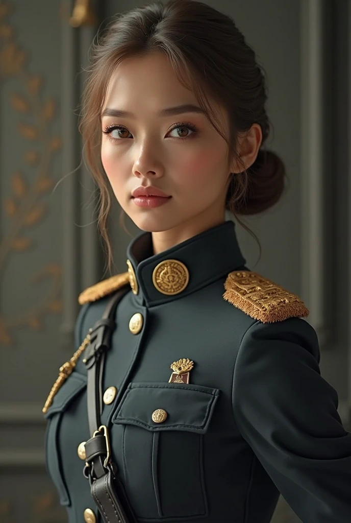 A woman wearing a military uniform doing formal training,Stealthless behavior,A sharp gaze like a sword,Brilliant movement,high res,Realistic,professional-grade,focused,Vibrant Color,HDR,studio lighting,Extremely detailed description,Magnificent scenery,elegant pose,sharp and focused expression,Brilliant action,Professional military training, Intense Atmosphere ,strong presence