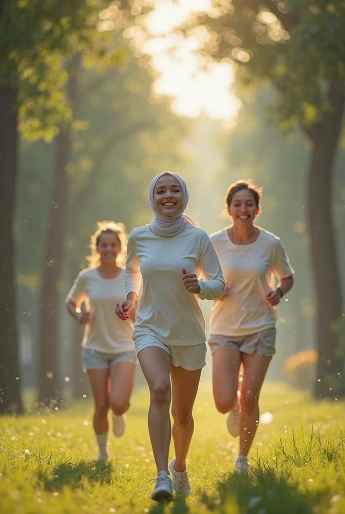 create me a picture of a handsome 4 Melaka man in track pants jogging in a lake park accompanied by four beautiful Malay women wearing Hijabista veils aged between 30 and 40 years old