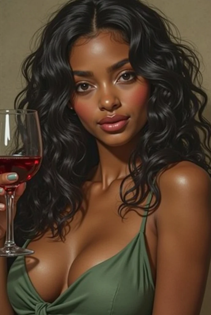 there is a black woman , the woman has curly black curly, she has dark skin, with dark brownish skin, with long curly, long black curly hair she is at a fancy restaurant drinking a cocktail