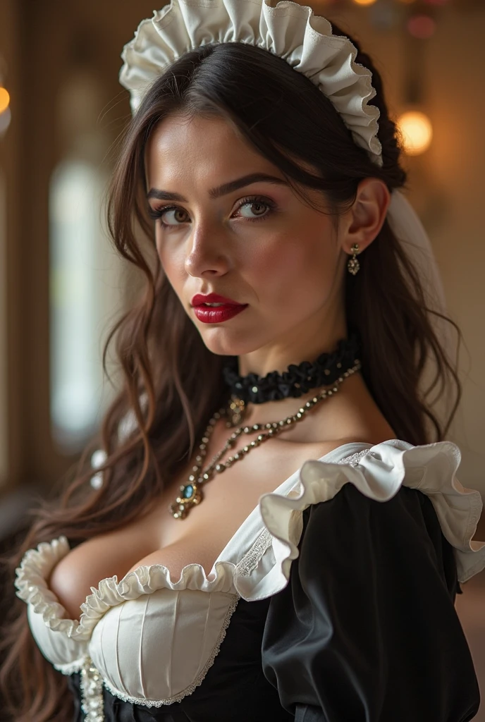 RAW photo, a beautiful brunette with stunning blue eyes, wearing a black vinyl maid outfit, white ruffle lace accents, bdsm chic, fashion mag shoot, 35mm photograph, specular highlighting, rich colors, highly detailed, dslr, analog film, masterpiece, raytracing, brilliant composition, amazing studio lighting