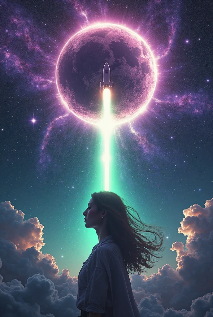 A surreal cosmic artwork featuring the silhouette of a person with ...