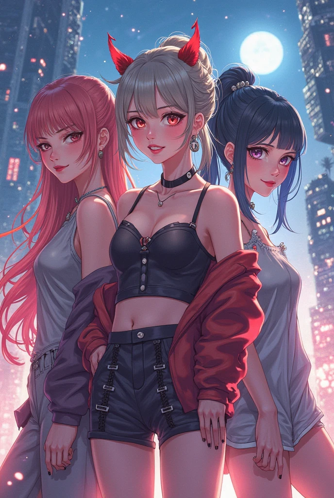 Masterpiece, Best quality, Ultra-detailed,3girl,bobbed long hair, Heavy makeup, Purple eyes, Turtleneck, underbust, White jacket, Earrings, Night view, (Pink&Green_two tone color hair), Depth of field, ???? shoulders, (Bokeh:1.3), Hot_Pants,Rainbow hair,Red eyes,Denim shorts,:>,Yamato,sam yang