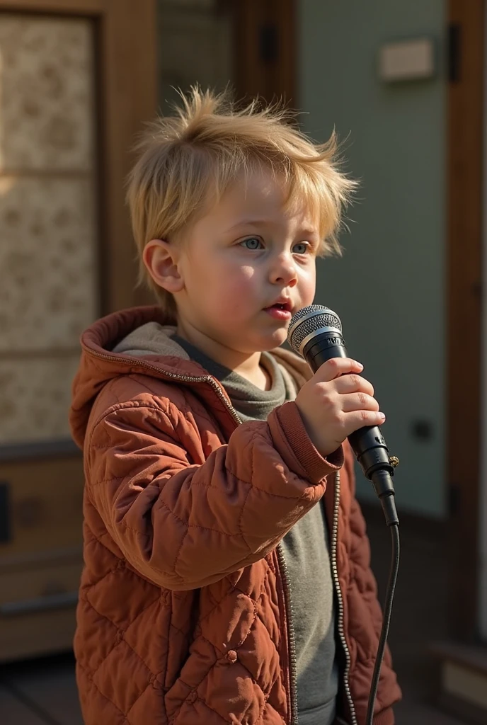 Perfect composition, 8K, Close up, A small red-haired European boy, with a red shirt and jeans and white sneakers, stands on a stage lit by stage lights, holds a microphone in his hand, and sings. An excited expression. Ambient smoke in the background. Behind, little boys in white shirts and jeans, singing. depth of field.