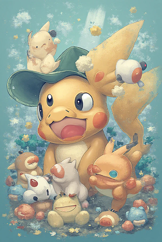 cute scene featuring Pikachu practicing swimming, Pikachu should be in a shallow pool or a calm body of water, looking determined and joyful. Use a bright and cheerful color palette with soft, painterly strokes. Include elements like a small floatation device or swim ring, water splashes around Pikachu, and perhaps a few playful bubbles. The background should feature a sunny day with clear skies, and maybe some gentle waves or distant beach scenery.