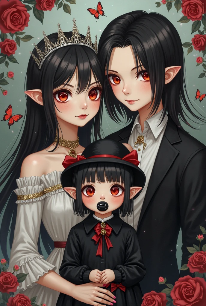 Anime style; Create a gothic family portrait of a young purple and pink haired woman and a young long black haired man, holding two blonde 5 months old baby boys
