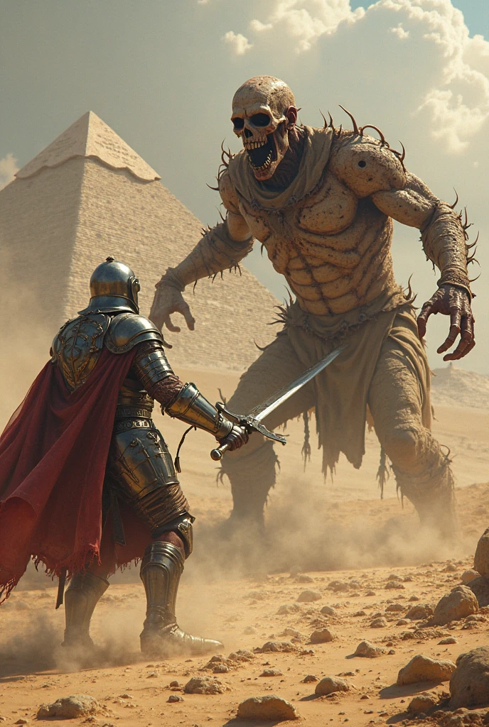 very dark focused flash photo, amazing quality, masterpiece, best quality, hyper detailed, ultra detailed, UHD, perfect anatomy, portrait, dof, hyper-realism, majestic, awesome, inspiring,Capture the thrilling showdown between the ancient mummy and the colossal sand boss in an epic battle amidst swirling dust and desert sands. Embrace the action and chaos as these formidable forces clash in the heart of the dunes. cinematic composition, soft shadows, national geographic style