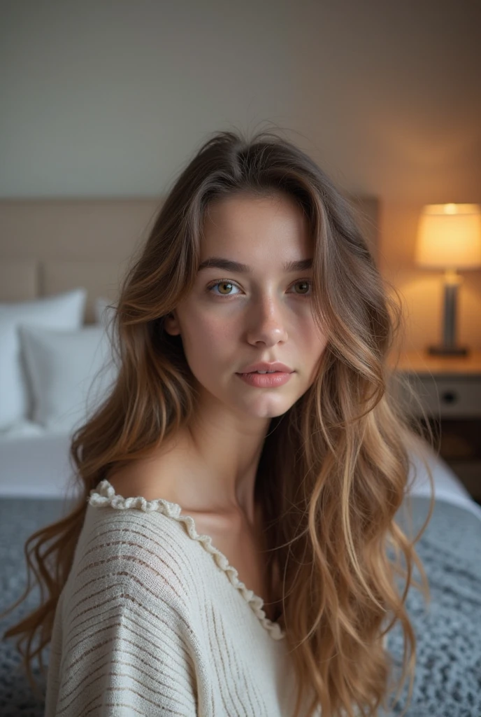 Portrait of a cute 18-year-old girl and a perfect girl, Cara hermosa, Ruso, en bragas, en la cama, hermoso busto (Estudio privado oscuro, oscuro, Atmospheric Light: 1.2) piernas abiertas