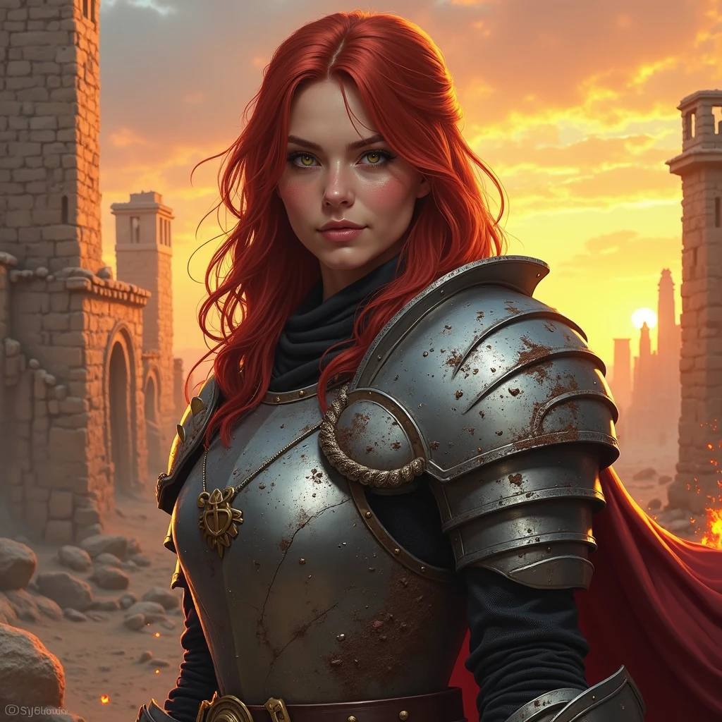 <lora:Flux_Fantasy_Portraits_V3-e13:1> alieffpm profile view art of a red haired, green eyed female knight wearing golden armor, standing outside a stone castle keep at night, with a full moon and stars in the sky.