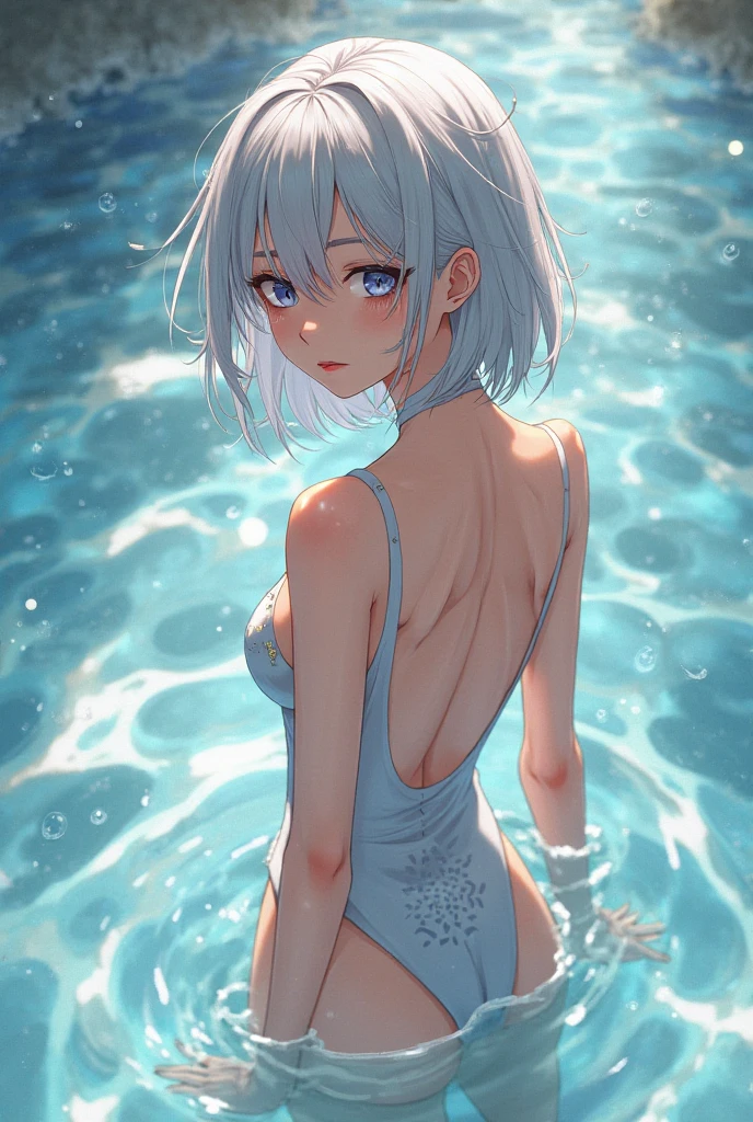 High resolution, Highest quality, super high quality, Ultra-detailed, Cinematic lighting、(四つん這いのButt:1.5)、squat、woman 、(A swimsuit with thin and transparent fabric:1.5)、Bobcut、White Hair、Blue eyes、Beautiful Skin、Beautiful Face、Embarrassing、Beautiful Eyes、Sweaty、Sweat、Butt、完璧なButt、