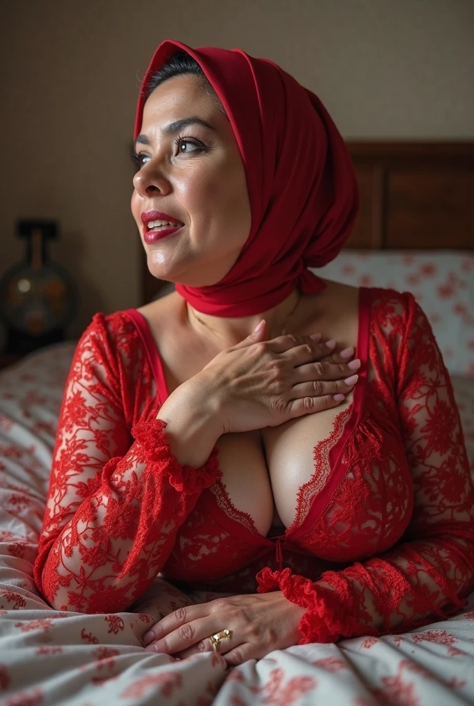 ((Best Quality)) ,((Masterpiece)),((UltraHighResolution)),((photographrealistic:1.4)), ((Raw photo)),(8K), ((cowboy shot)), (1 malay middle-aged woman),((a photo of middle-aged woman 100 yo)), (large_breasts:1.2),(glamour:1.2),(strapless metal bra), (black panties), (showing armpitlack hair), (short hair), ((angel smile)), ((very sexy)), ((Very beautiful)), gym, wakame, ((HEAVY NIPPLES)), ((RED LIPS)).