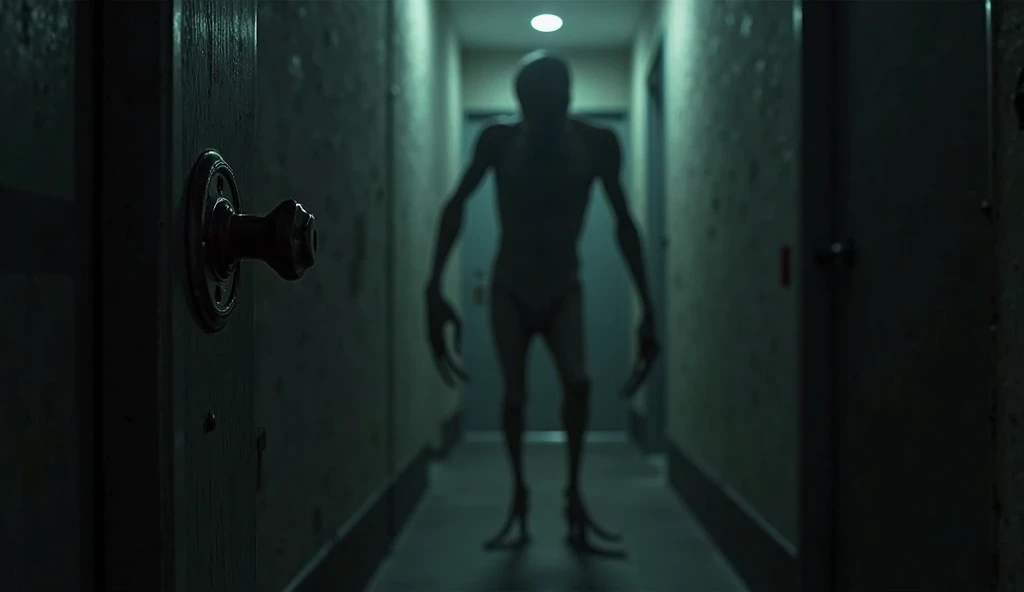 (photorealism:1.2), Terrifying alien in a room of a house, On the wall of the room there is a painting with some words written in blood that say TERROR MG, In the dark