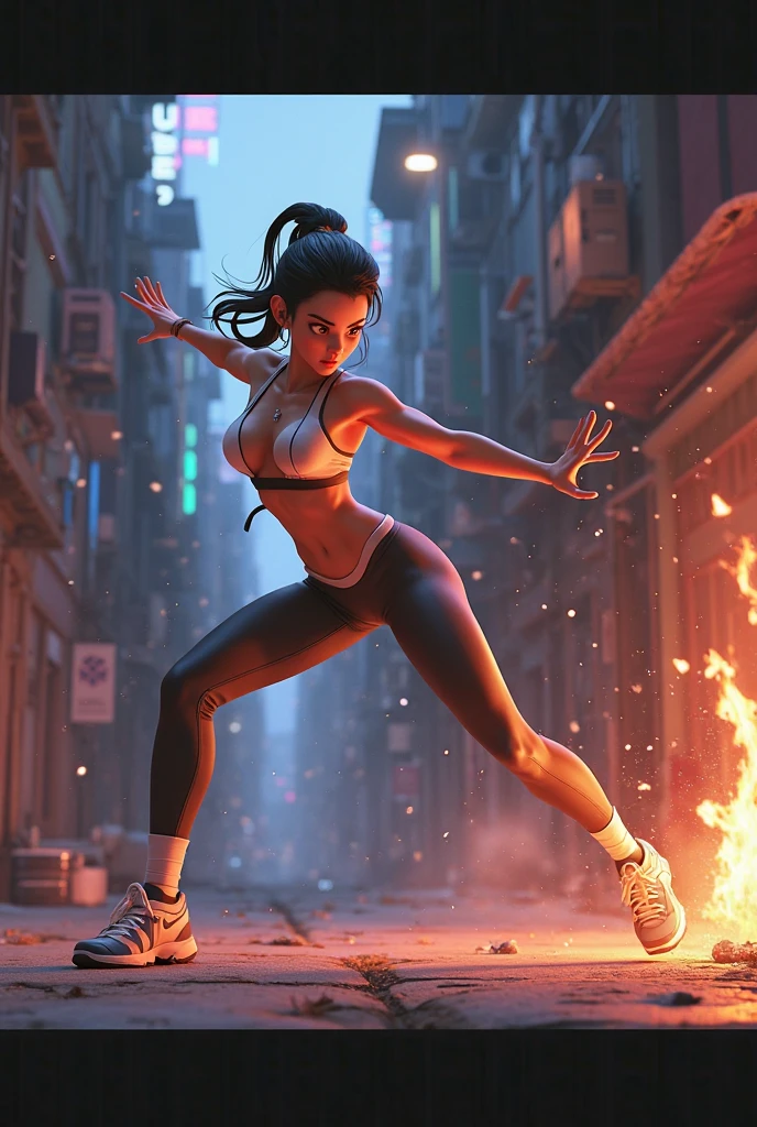 (dramatic illumination, dynamic angle, intense color contrast), (solo portrait of a young asian woman with dark tan skin and blonde hair, and brown eyes1.2), (waring a tank top with a flaming graphic, black technical pants), (vaulting over a small wall), parkour