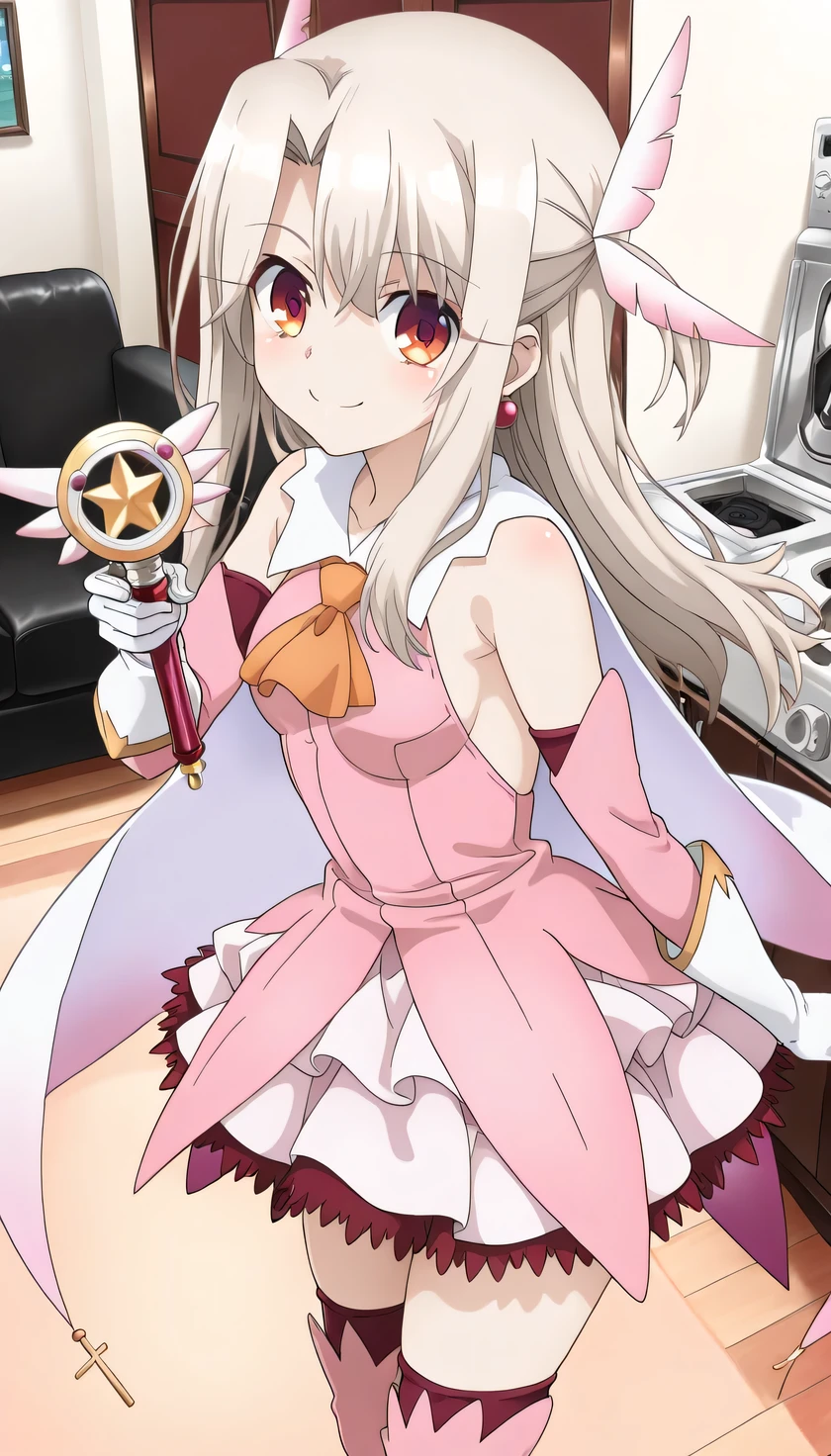 {{{masterpiece}}}, (best quality:1.5), (ultra-detailed:1.5), {illustration}, {{an extremely delicate and beautiful}}, (beautiful detailed eyes:1.6), absurdres, highres, extremely detailed face, 16k, hd, visual anime de uma jovem mulher, extremamente bonito rosto de anime, anime melhor garota, (perfect hands, perfect anatomy), anime face, Illyasviel von Einzbern(Fate/Kaleid Liner Prisma Illya), aaillya, illyasviel von einzbern, 1girl, solo, cute face, long hair, blonde hair, (parted bangs:1.5), hair between eyes, sidelocks, hair ornament, (feather hair ornament:1.2), (red eyes:1.3), earrings, short of a person, medium breasts, thin waist, big hips, curvaceous, BREAK, magical girl, white gloves, dress, (pink dress:1.4), cape, white cape, jewelry, detached sleeves, yellow ascot, pink arm cover, white elbow gloves, (white skirt:1.2), ruffle skirt, red petticoat, (pink thigh boots:1.3), thighs, zettai ryouiki, BREAK, magic wand, long wand, holding wand, BREAK, 1girl, solo, cute face, big eyes, smiling, flushed cheeks, (broken home appliances:1.2), (Pointing a wand at an appliance:1.3), standing, indoor, living room, Modern living room, flooring, black sofa, (three-quarter view:1.2), (from side:1.5)