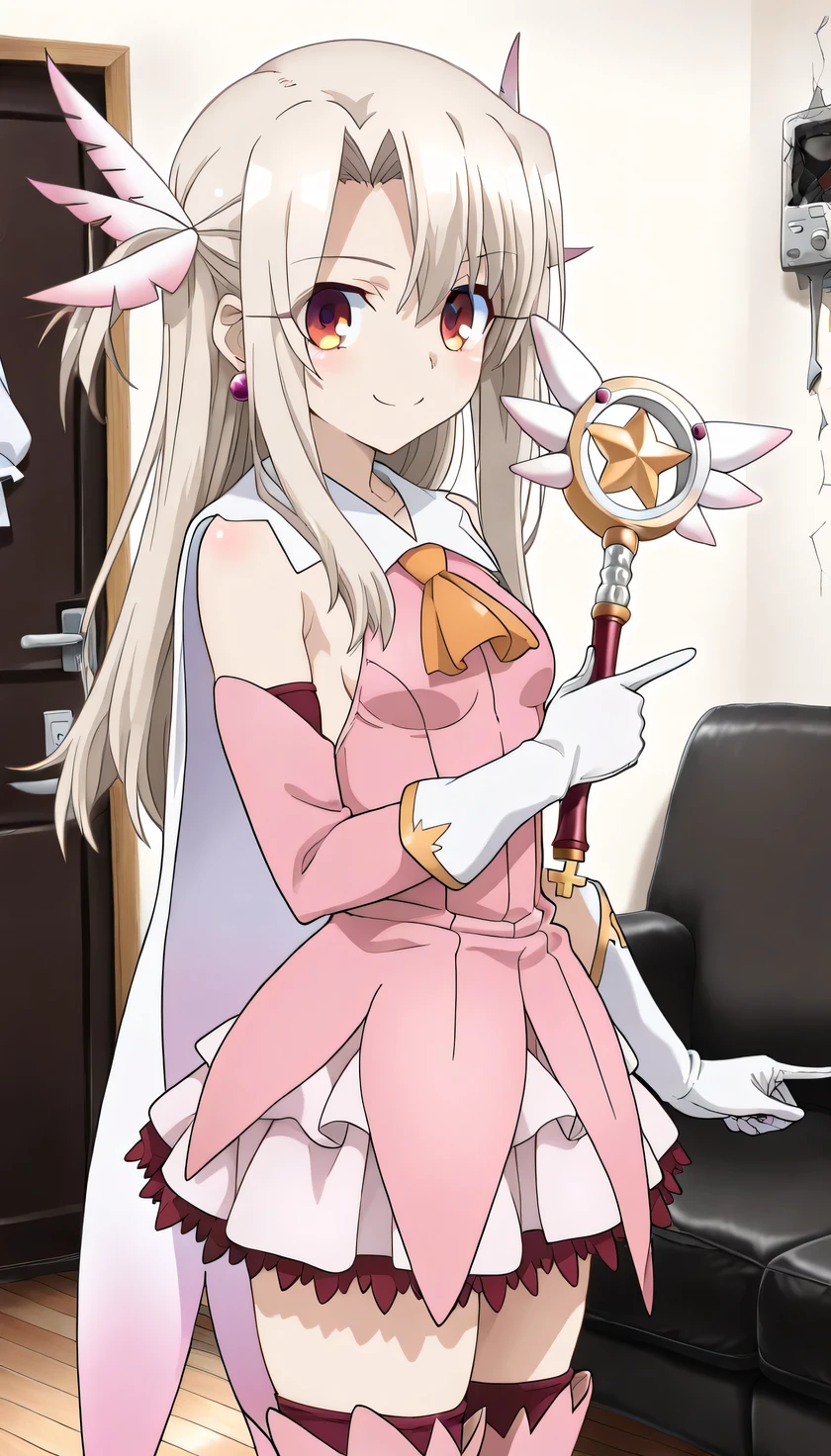 {{{masterpiece}}}, (best quality:1.5), (ultra-detailed:1.5), {illustration}, {{an extremely delicate and beautiful}}, (beautiful detailed eyes:1.6), absurdres, highres, extremely detailed face, 16k, hd, visual anime de uma jovem mulher, extremamente bonito rosto de anime, anime melhor garota, (perfect hands, perfect anatomy), anime face, Illyasviel von Einzbern(Fate/Kaleid Liner Prisma Illya), aaillya, illyasviel von einzbern, 1girl, solo, cute face, long hair, blonde hair, (parted bangs:1.5), hair between eyes, sidelocks, hair ornament, (feather hair ornament:1.2), (red eyes:1.3), earrings, short of a person, medium breasts, thin waist, big hips, curvaceous, BREAK, magical girl, white gloves, dress, (pink dress:1.4), cape, white cape, jewelry, detached sleeves, yellow ascot, pink arm cover, white elbow gloves, (white skirt:1.2), ruffle skirt, red petticoat, (pink thigh boots:1.3), thighs, zettai ryouiki, BREAK, magic wand, long wand, holding wand, BREAK, 1girl, solo, cute face, big eyes, smiling, flushed cheeks, (broken home appliances:1.2), (Pointing a wand at an appliance:1.3), standing, indoor, living room, Modern living room, flooring, black sofa, (three-quarter view:1.2), (from side:1.5)
