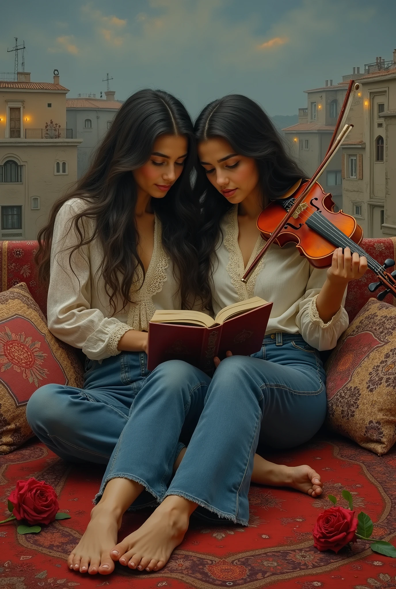 created a painting with oil painting with huge details , In the style of the artist Leonardo Davinci , In the era of the European renaissance , A fully detailed painting of two Arab girls on the roof of the house lying on an Arabic carpet with decorative pillows around them and far apart, ( The first girl reads the book ) ( . The second girl holds the violin ) . They have long black hair with a red rose hanging over their shoulders as if it were shiny silk .
. The two girls wear jeans and a lace shirt. At the back, we see distant houses with their windows lit, a picture that seems cinematic