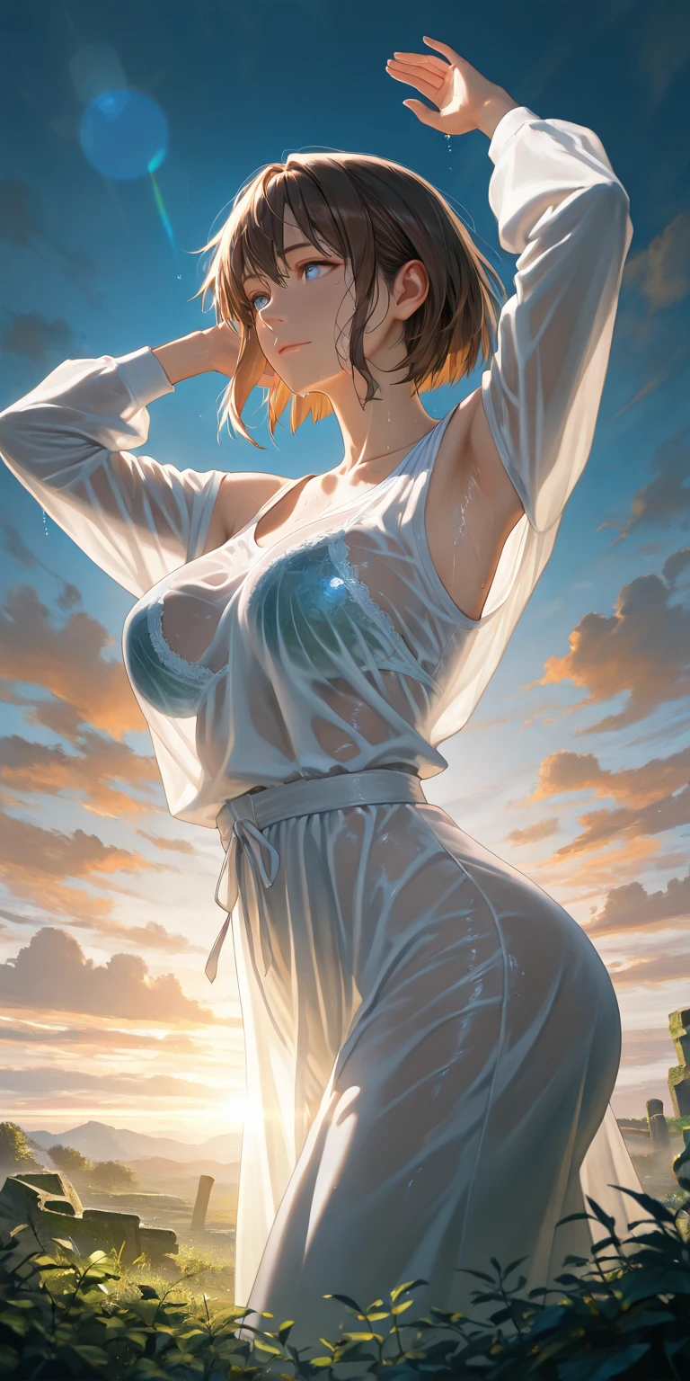(extremely detailed CG unity 8k wallpaper), (masterpiece), (best quality), (ultra-detailed), (best illustration), (best shadow), (absurdres), BREAK girl, sweat, steam, medium breast, looking at viewer,