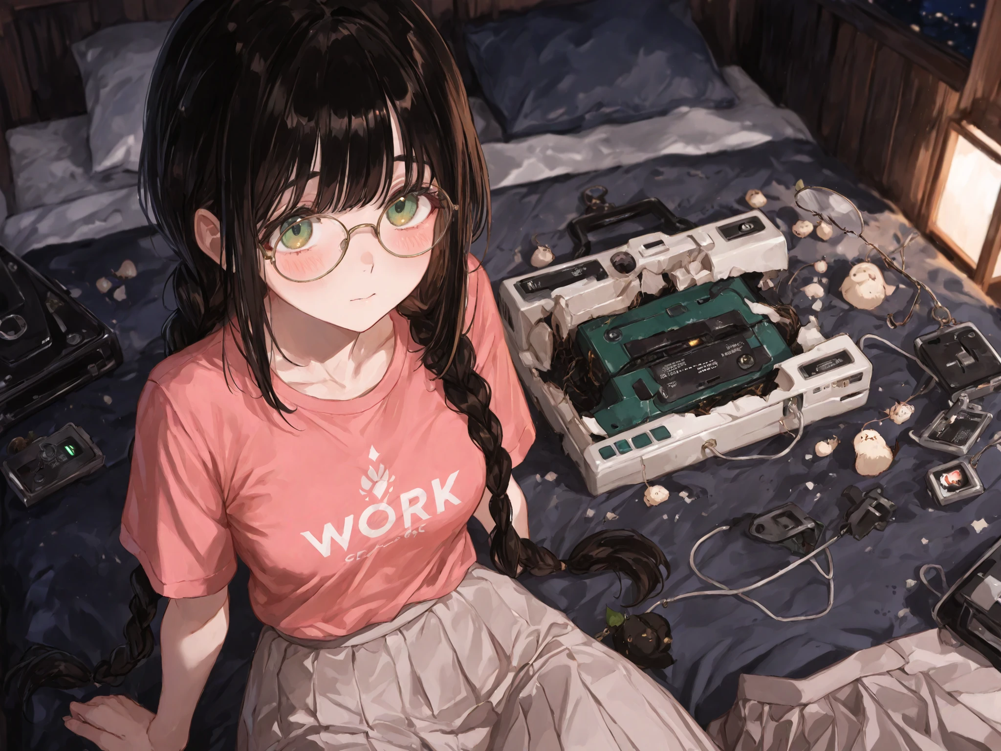 a high-quality digital drawing, clean and sharp details, score_9, masterpiece, ((anatomically correct)), ((vibrant colors)), 1girl, ((8k)), ((jimiko)), ((intense details)), (((safe for work))),
break,
((beautiful round face)), ((fair skin)), ((detailed and vibrant green eyes)), ((tareme)), naturally curved eyelashes, ((natural beauty and charm)), ((round glasses)),
break,
((long black hair)), ((braided pigtails)), soft bangs,
break,
((pink t-shirt)), ((long gray skirt)), ((chest 32 inches)), ((waist 26 inches)), ((hips 32 inches)),
break,
((from the side)), ((unscrewing motherboard from pc case)), ((focused expression)), ((light blush)), ((detailed bedroom)), ((night))