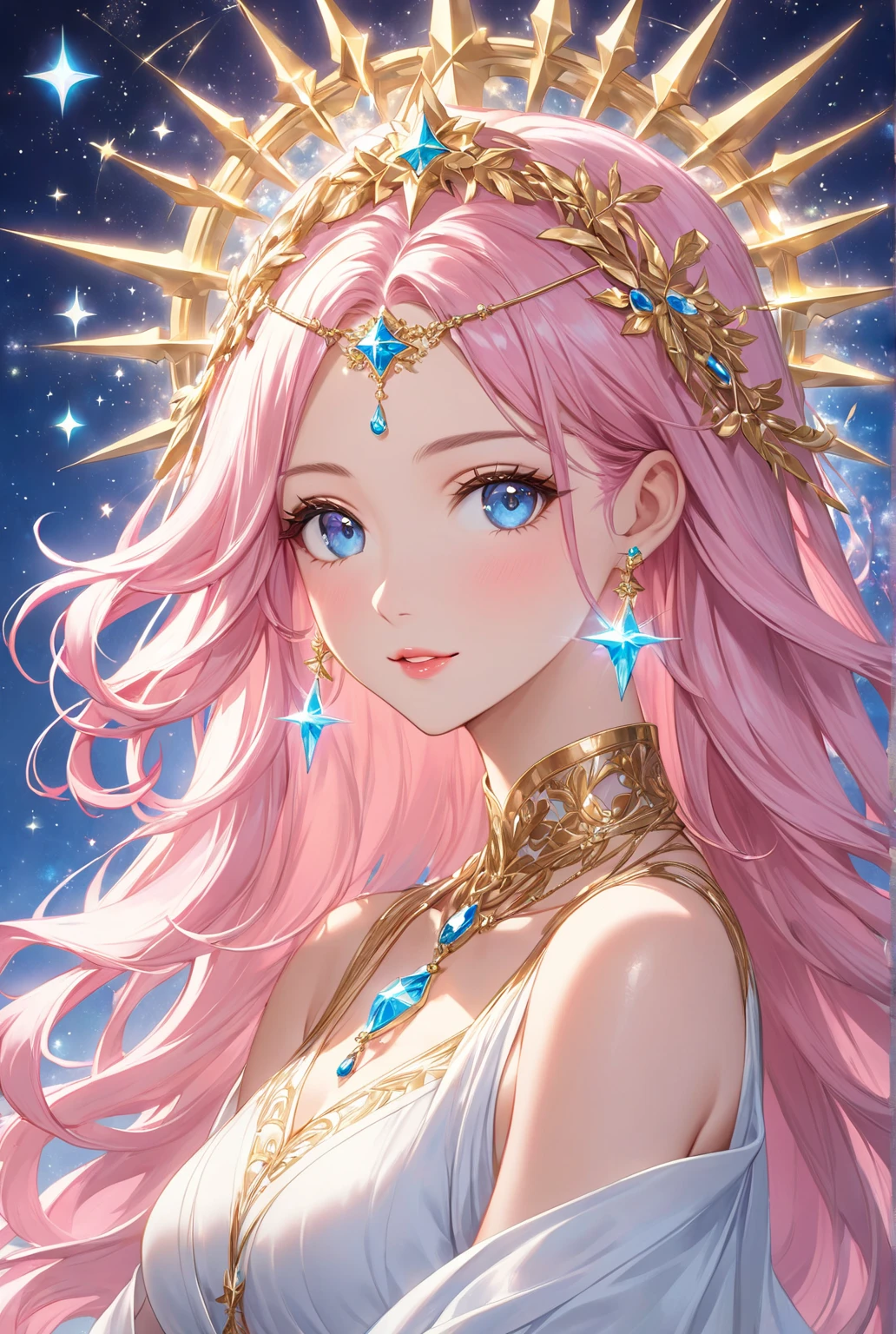 ,masterpiece、highest quality、High resolution、high quality images、8K, 1 female、skin luster、skin texture、Expression of fine eyes、(Shiny bright golden hair:1.6),Girl with long braided hair, realism, Detailed manga style, manga art style, perfect line drawing, beautiful line drawing, digital manga art girl, beautiful light blue eyes, Clear, beautiful eyes、plump lips, Detailed gorgeous face, (cute smile), charm, Front view, (perfectly detailed face), (fine hands) 、photorealistic images, Depth of written boundary, Princess hairstyle, Princess、Corolla on the head  , face forward , night sky , night view ，beautiful starry sky  , romanticism、(Princess gorgeous pink dress:1.5)、(medium breasts:1.5)、smile、blush、princess tiara、fluffy hair、Gorgeous blue sparkling earrings、Gorgeous gold bracelet、Gorgeous gold anklets、Palace balcony、Nadia: The Secret of Blue Water Necklace、(oblong face:1.5)、(Sparkling Glitter:1.2)、Cover your forehead with bangs、Bangs between the eyes、(full body:1.0)、(standing:1.3)、(portrait:1.6)