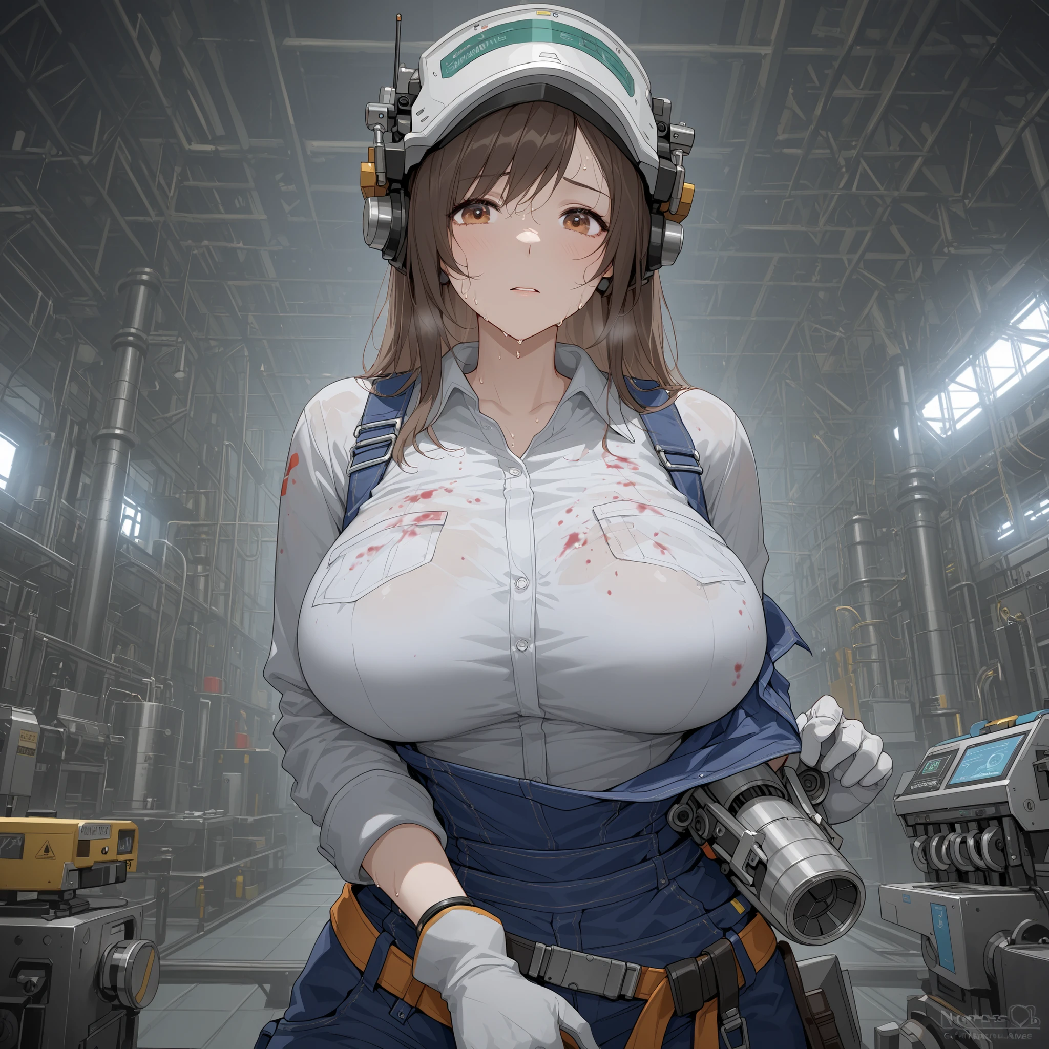 masterpiece、Highest Quality:1.5、woman wearing work clothes、mechanic、BIG BREASTS、sweat、Stains on clothes and face、scene repairing a machine、Factory Background