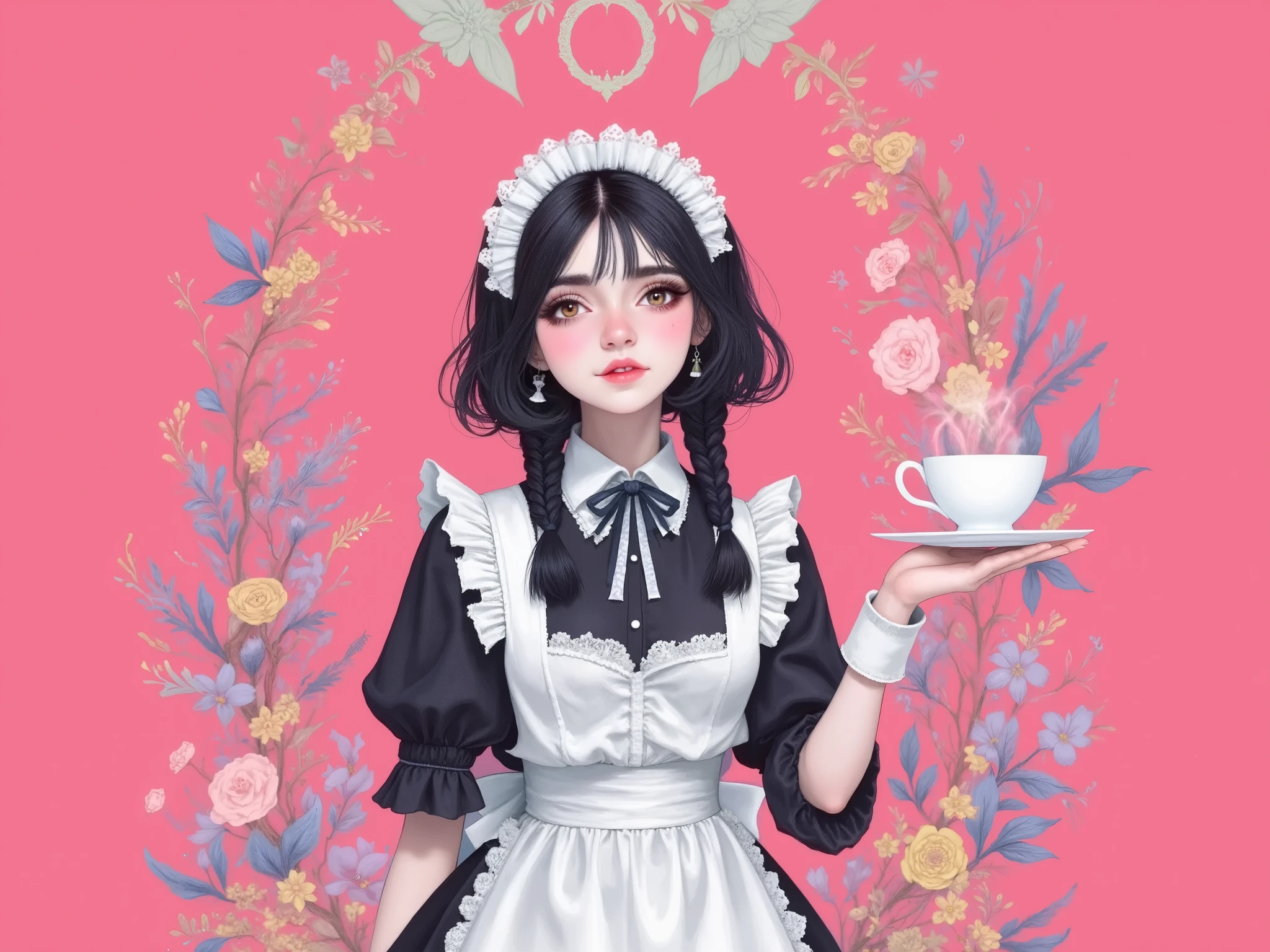 no background , flat background , pink background , girl with a maid costume , Maid Café , serving coffee