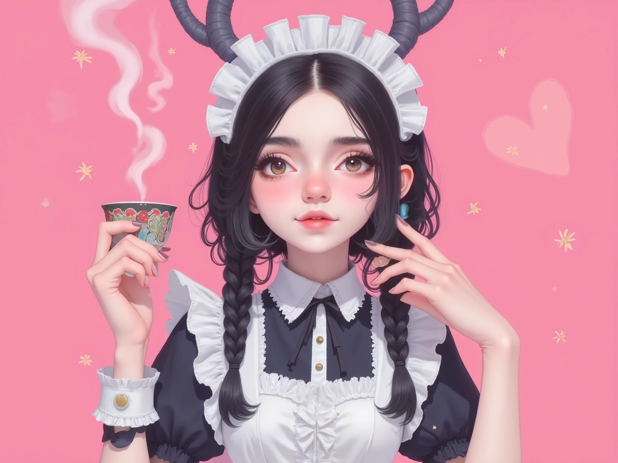 no background , flat background , pink background , girl with a maid costume , Maid Café , serving coffee