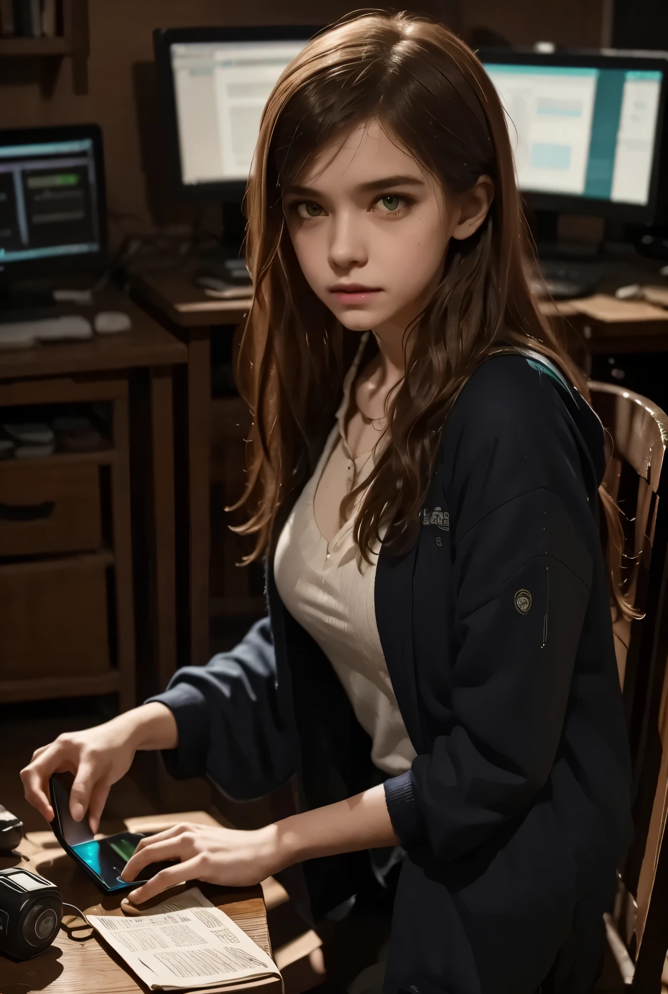 a girl student hacker fixing broken smartphones between classes,desk full of colored leds,detailed facial features,focused expression,sitting at desk,tinkering with electronics,professional cyberpunk style,digital illustration,4k,8k,ultra-detailed,photorealistic,studio lighting,physically-based rendering,extreme detail,vivid neon colors,moody blue and green tones