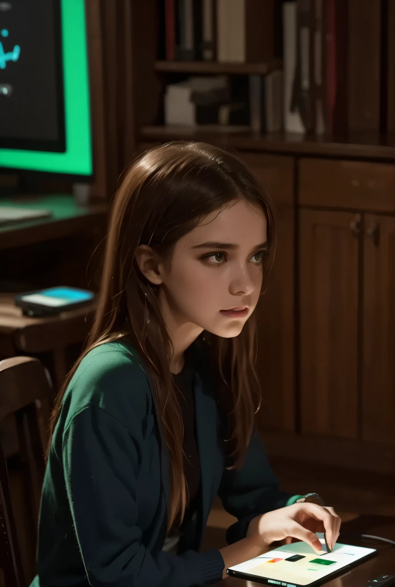 a girl student hacker fixing broken smartphones between classes,desk full of colored leds,detailed facial features,focused expression,sitting at desk,tinkering with electronics,professional cyberpunk style,digital illustration,4k,8k,ultra-detailed,photorealistic,studio lighting,physically-based rendering,extreme detail,vivid neon colors,moody blue and green tones