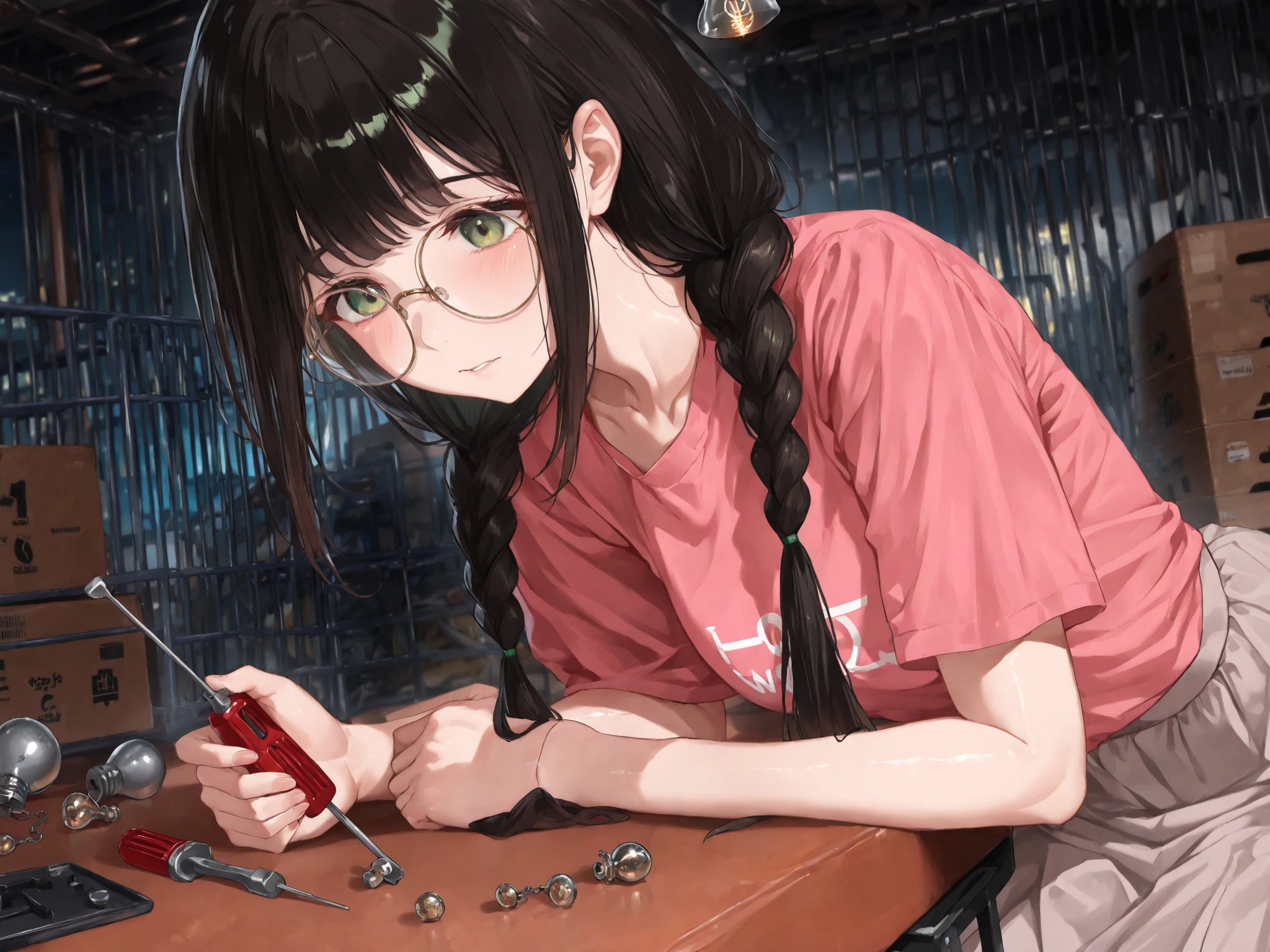 a high-quality digital drawing, clean and sharp details, score_9, masterpiece, ((anatomically correct)), ((vibrant colors)), 1girl, ((8k)), ((jimiko)), ((intense details)), (((safe for work))),
break,
((beautiful round face)), ((fair skin)), ((detailed and vibrant green eyes)), ((tareme)), naturally curved eyelashes, ((natural beauty and charm)), ((round glasses)),
break,
((long black hair)), ((braided pigtails)), soft bangs,
break,
((pink t-shirt)), ((long gray skirt)), ((chest 32 inches)), ((waist 26 inches)), ((hips 32 inches)),
break,
((from the side)), ((holding screwdriver)), ((looking at disassembled ght bulb on table)), ((focused expression)), ((light blush)), ((detailed storage room)), ((night))