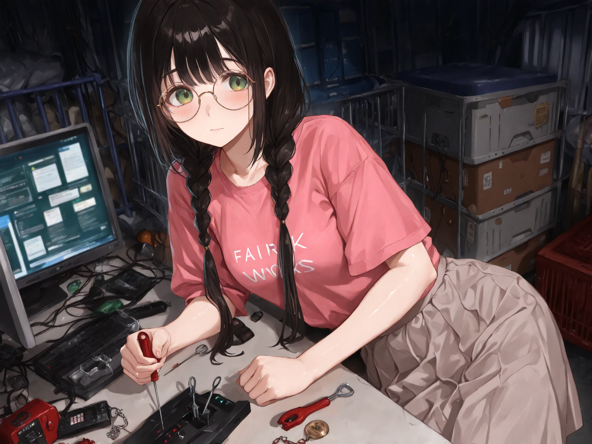 a high-quality digital drawing, clean and sharp details, score_9, masterpiece, ((anatomically correct)), ((vibrant colors)), 1girl, ((8k)), ((jimiko)), ((intense details)), (((safe for work))),
break,
((beautiful round face)), ((fair skin)), ((detailed and vibrant green eyes)), ((tareme)), naturally curved eyelashes, ((natural beauty and charm)), ((round glasses)),
break,
((long black hair)), ((braided pigtails)), soft bangs,
break,
((pink t-shirt)), ((long gray skirt)), ((chest 32 inches)), ((waist 26 inches)), ((hips 32 inches)),
break,
((from the side)), ((holding screwdriver)), ((looking at disassembled computer on table)), ((focused expression)), ((light blush)), ((detailed storage room)), ((night))