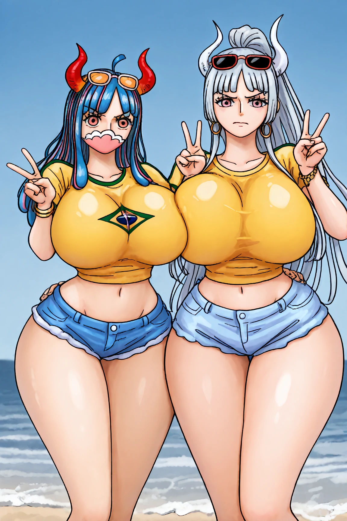2heads, a chubby black woman with 2 heads. She has enormous breasts. She is wearing a zip-up hoodie. Her hoodie is unzipped. She is not wearing clothes beneath the hoodie. Her enormous breasts are exposed through the unzipped hoodie. She is wearing jeans. She has thick thighs. She has gigantic breasts. She is blushing. She is smiling. She looks seductive. Massive breasts. She has bright rainbow hair. She has brown skin.