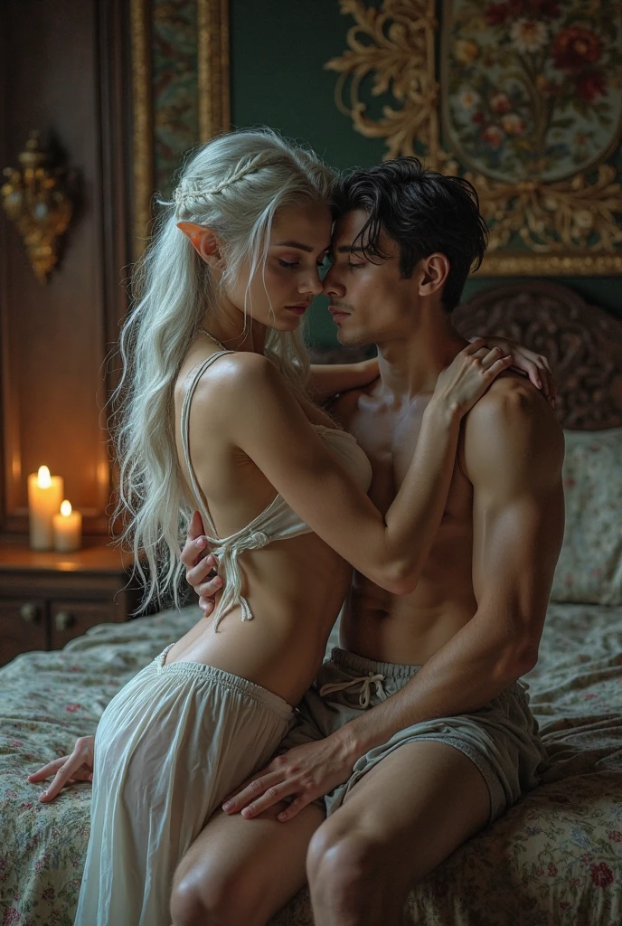 make a young girl with very pale white skin, long white hair and purple eyes, she is short and naked, she is very beautiful and sexy
next to her is a man with pale skin, white hair and purple eyes, he is very tall, handsome and sexy and strong
they are in bed in a medieval room having sex