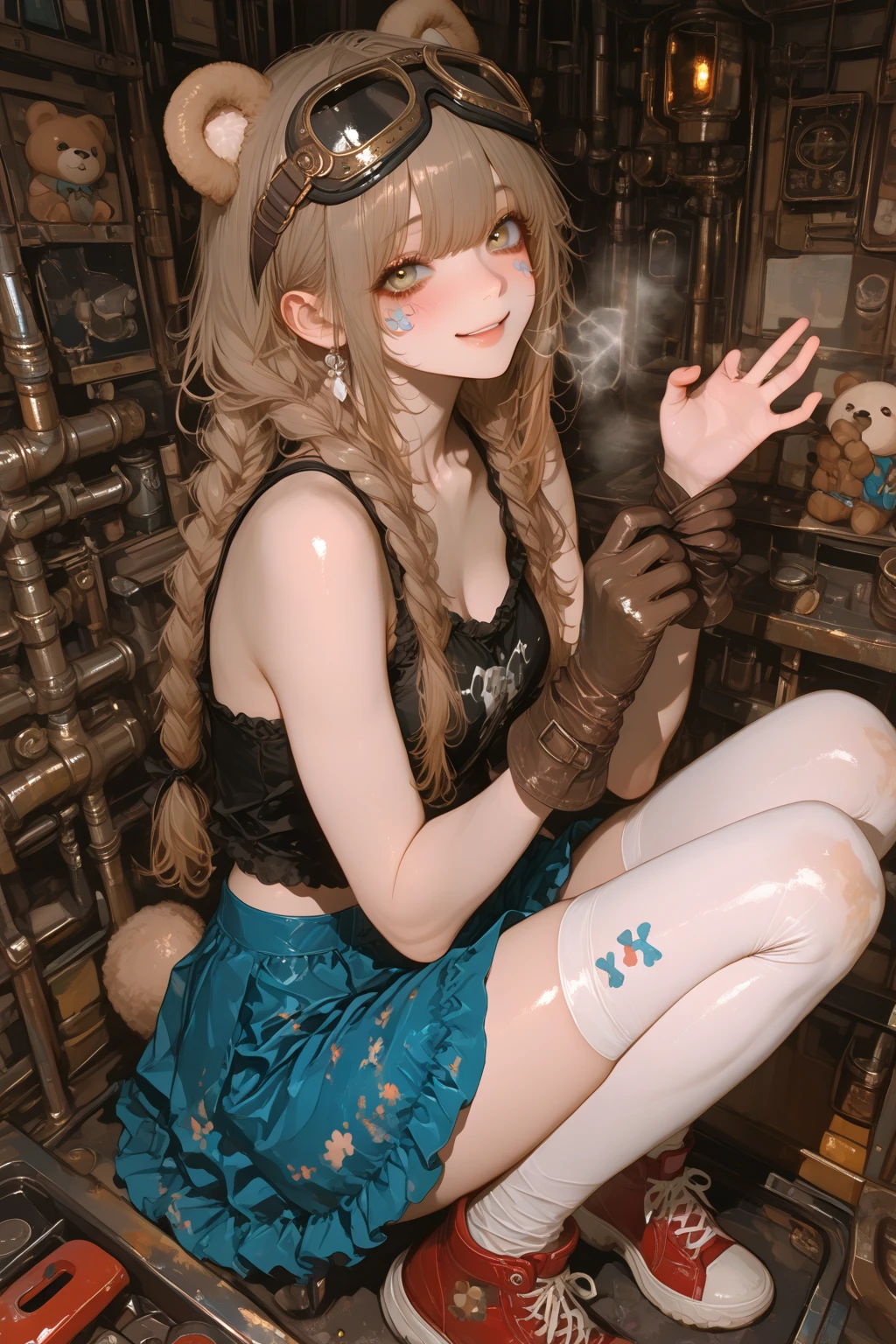 Highest quality,Highest Resolution,Beautiful girl in camouflage leotard,half boots,High leg,whole body,front,Armory,Crying face,Tears,Sweating profusely,(((Open your mouth and drool))),Very beautiful eyes,(((Drink water))),indoor,