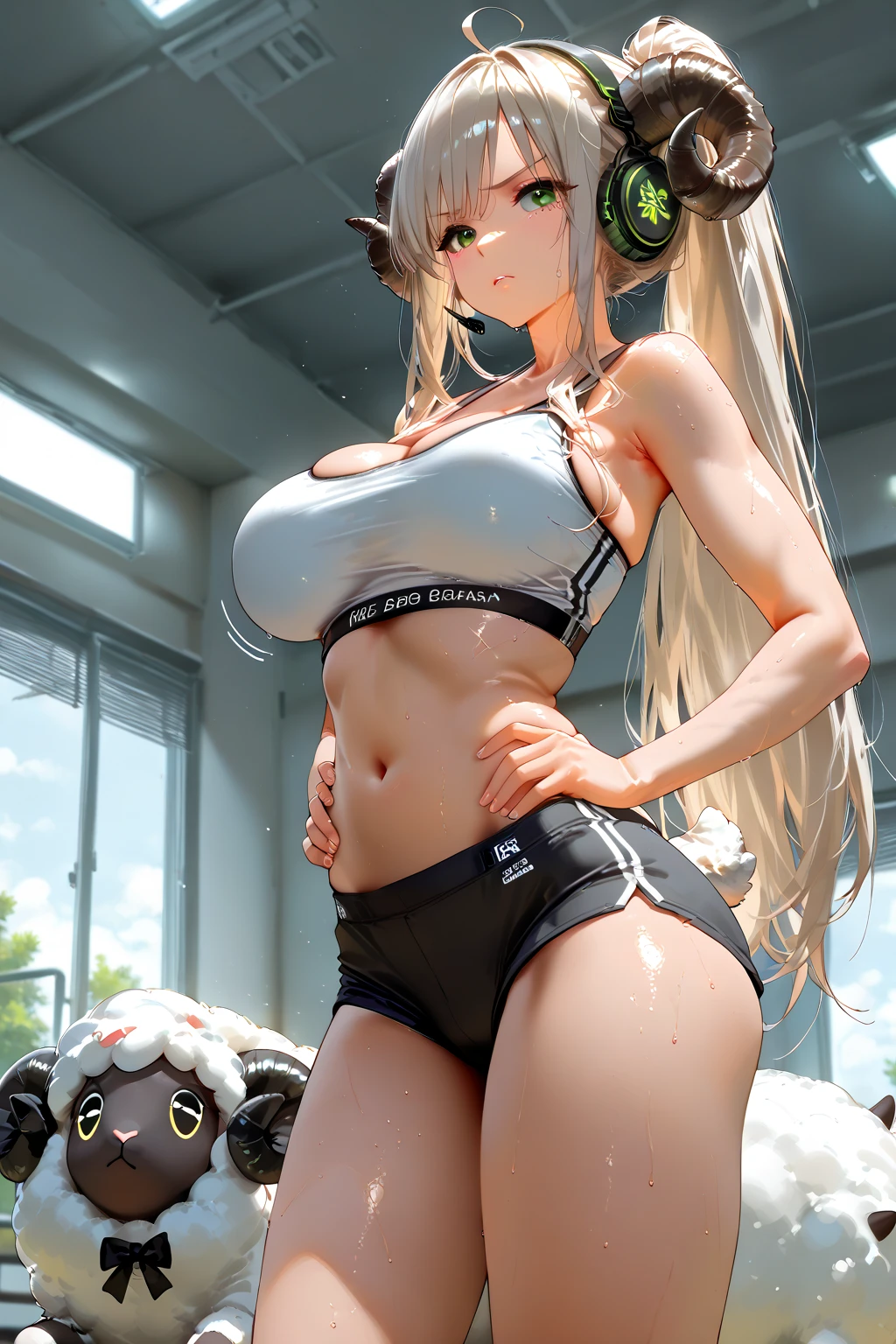 ((True Face、Shot from a little below、Light up from below))、Beautiful and cute girl、(((stand、Twin tails)))、highest quality、ウルトラ - High resolution、High resolution、Highly detailed CG、8k unit wallpaper、17 years old、A detailed and beautiful face、Detailed and beautiful eyes,(((Large Breasts、Platinum Blonde Hair、contrast)))、((((( Brown Skin:2、Dark Skin:2 , Cleavage ,Moist eyes)))))、(Black glossy body:1.8),((Sunburn mark))、((((((loose socks、Sweat、Orange and white round girl、Aim with a Magnum、headphones microphone、High heels))))))